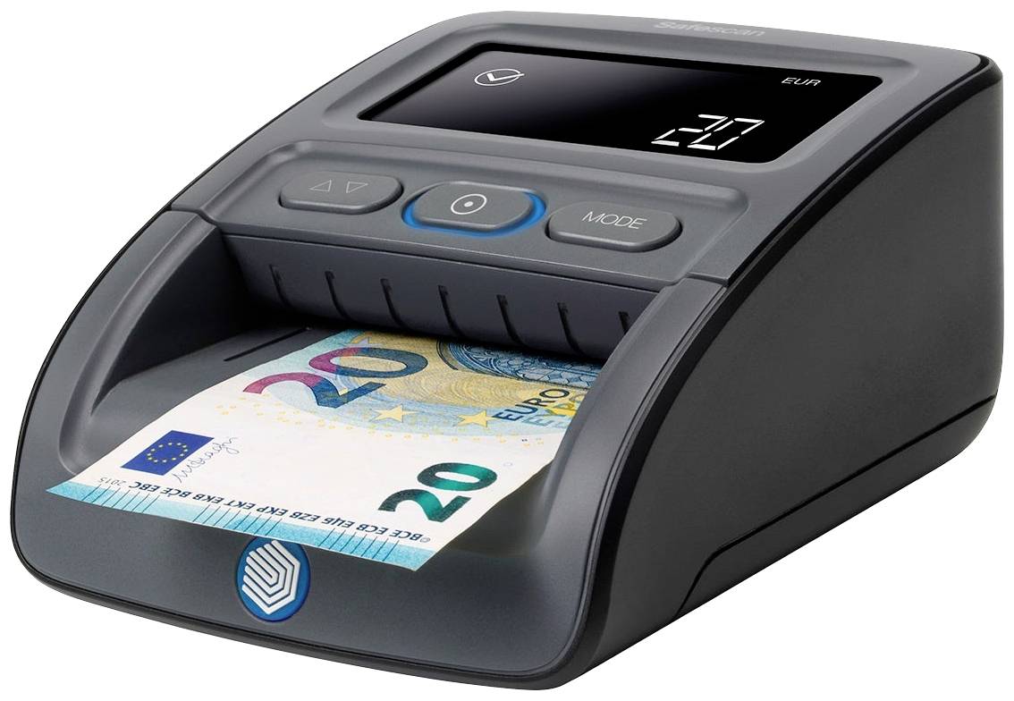 Un compteur de billets vérifie l'authenticité d'un billet de 20 euros. L'affichage montre des symboles et le nombre de billets vérifiés.