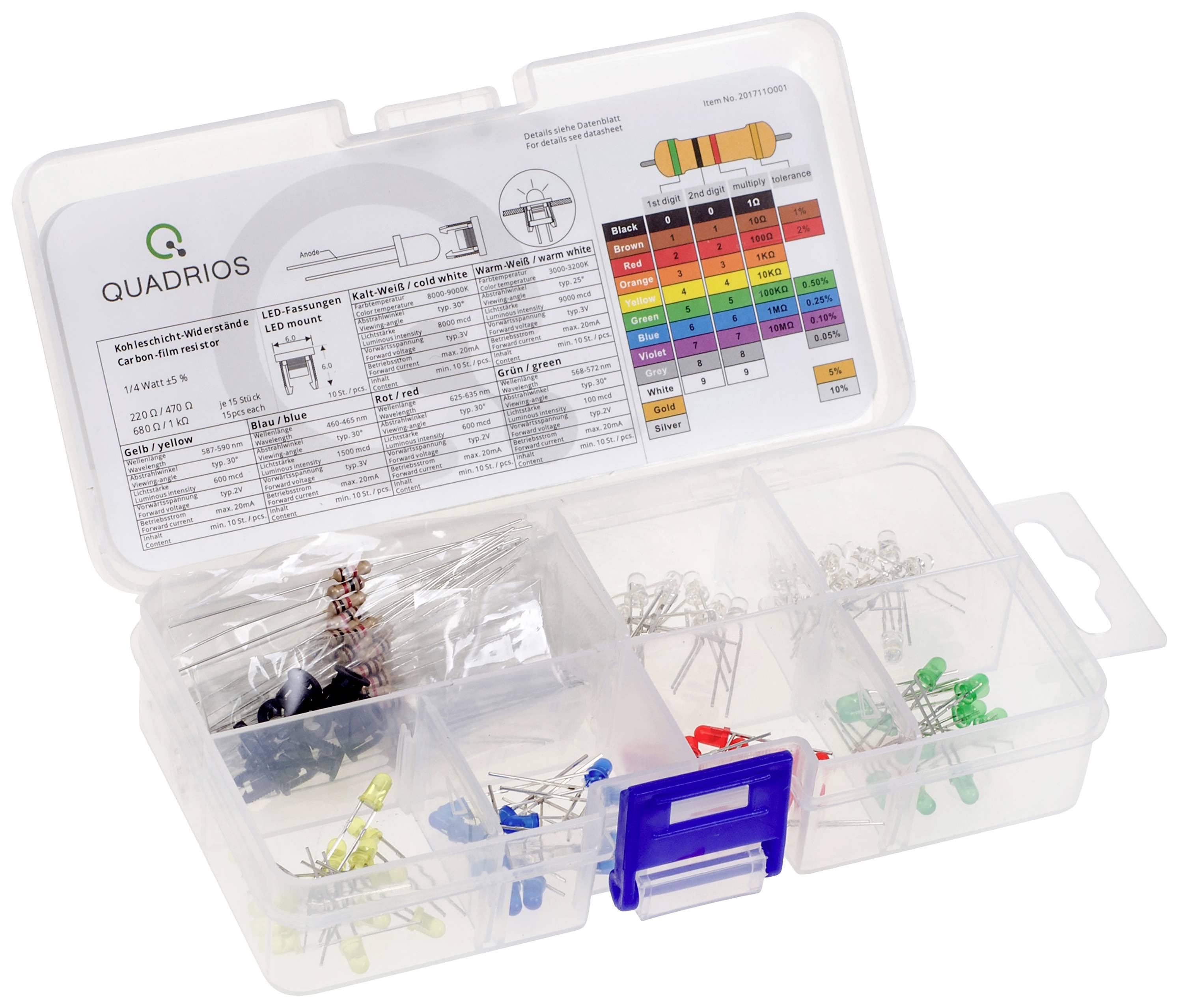 Une boîte ouverte contenant différentes LED placées dans des compartiments séparés. Le couvercle porte des instructions sur l'utilisation des LED et leurs codes couleur.
