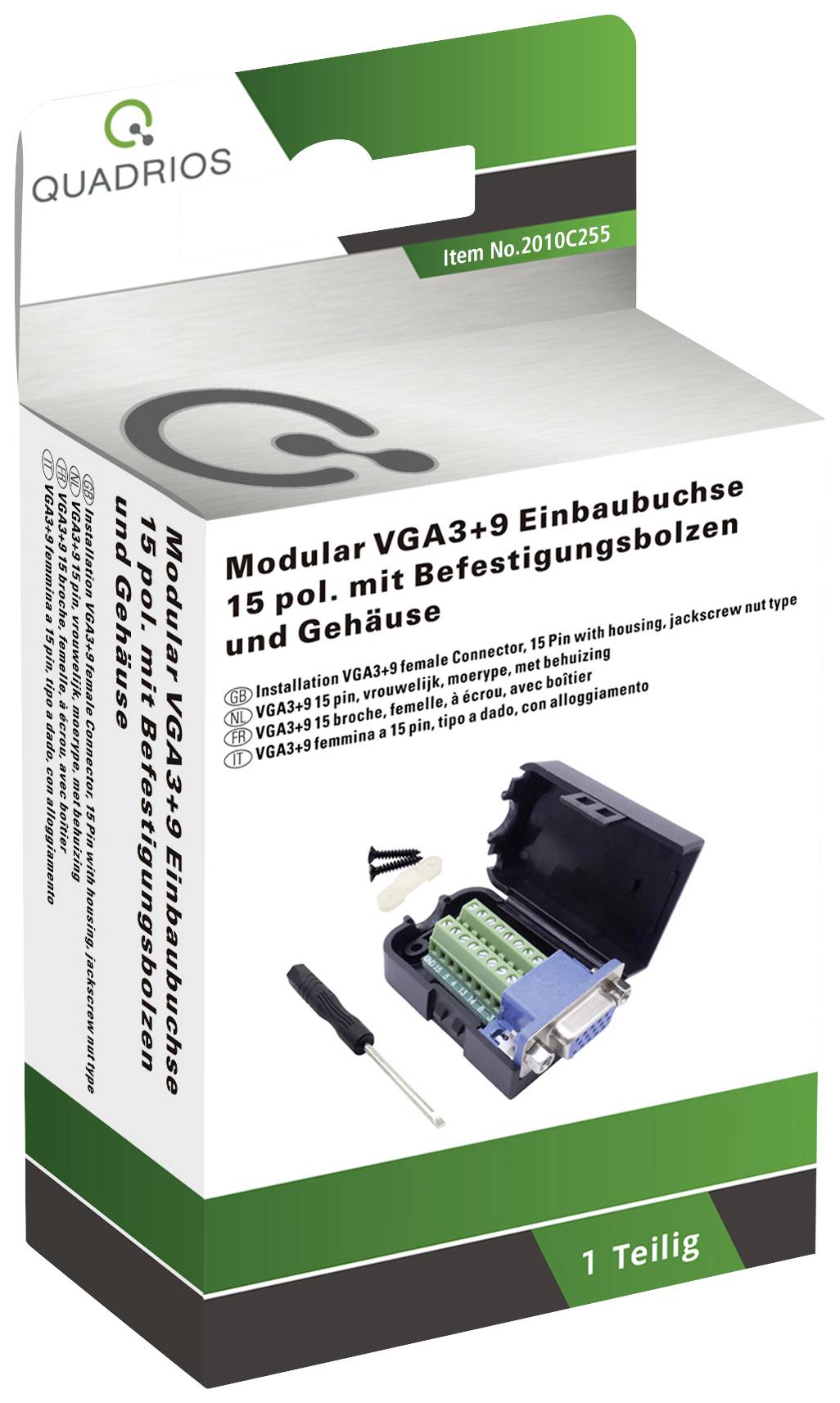 'Prise VGA3+9 modulaire 15 broches encastrable avec boulons de fixation et boîtier.' L'emballage présente un kit de connecteur VGA avec un tournevis.