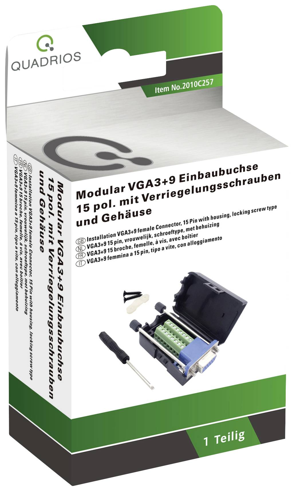 L'emballage présente la 'Prise modulaire VGA3+9 pour montage' de Quadrios. Comprend un connecteur avec vis, boîtier, outil de dénudage et tournevis.