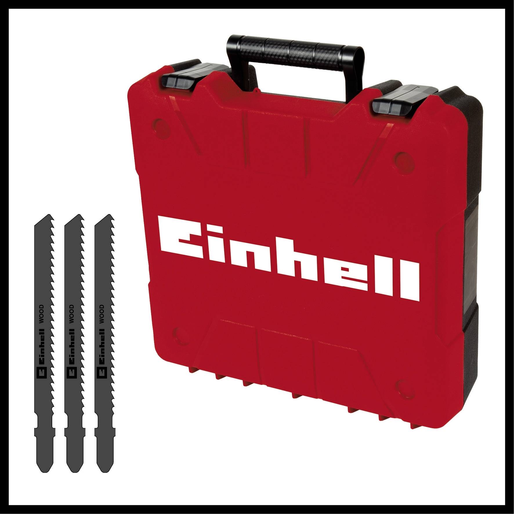 Coffret à outils rouge avec le logo 'Einhell' et trois lames de scie à côté.