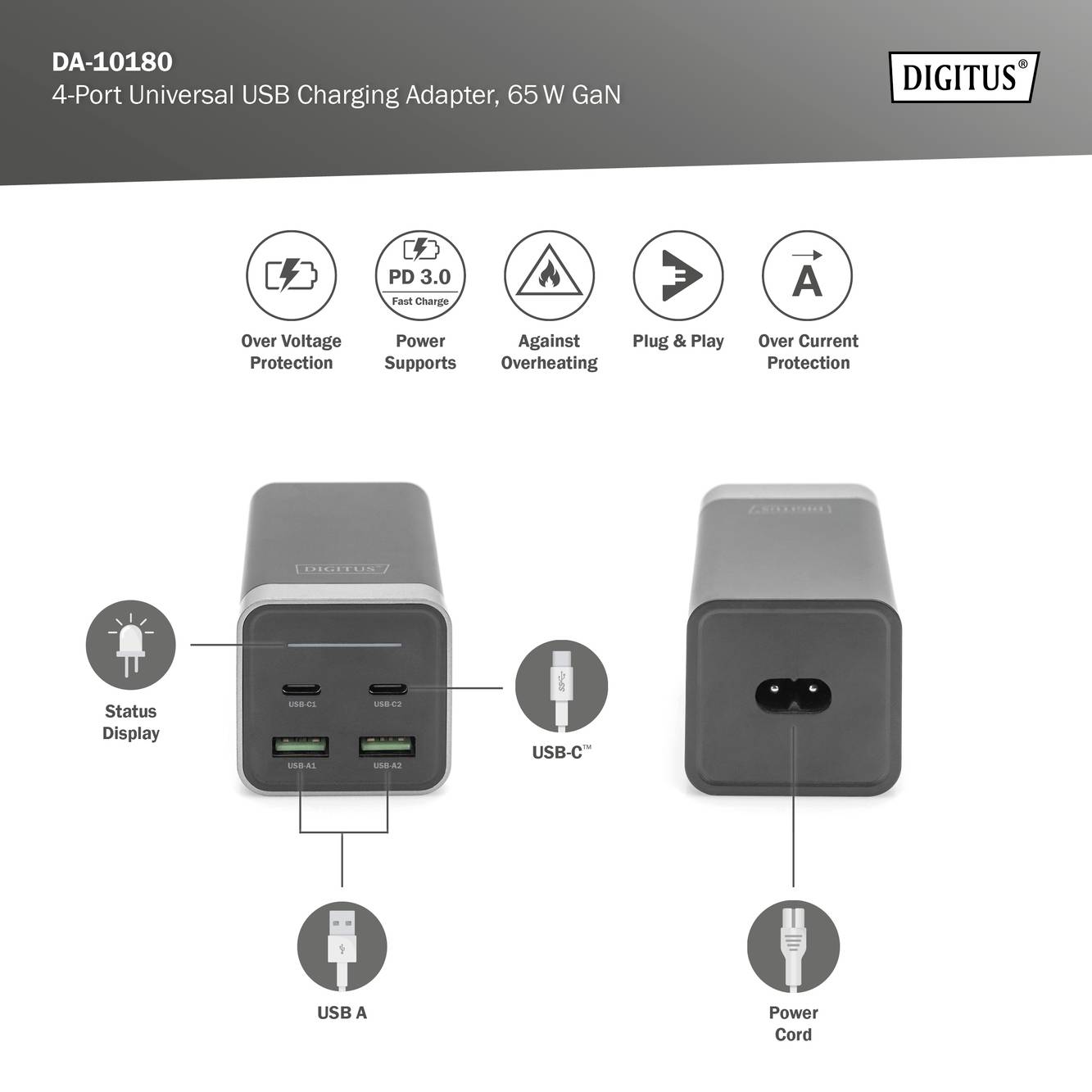 Digitus 4-Port GaN Chargeur USB 65 W intérieure, pour prise murale Courant de sortie (max.) 3000 mA Nbr. de sorties: 4 x USB-A