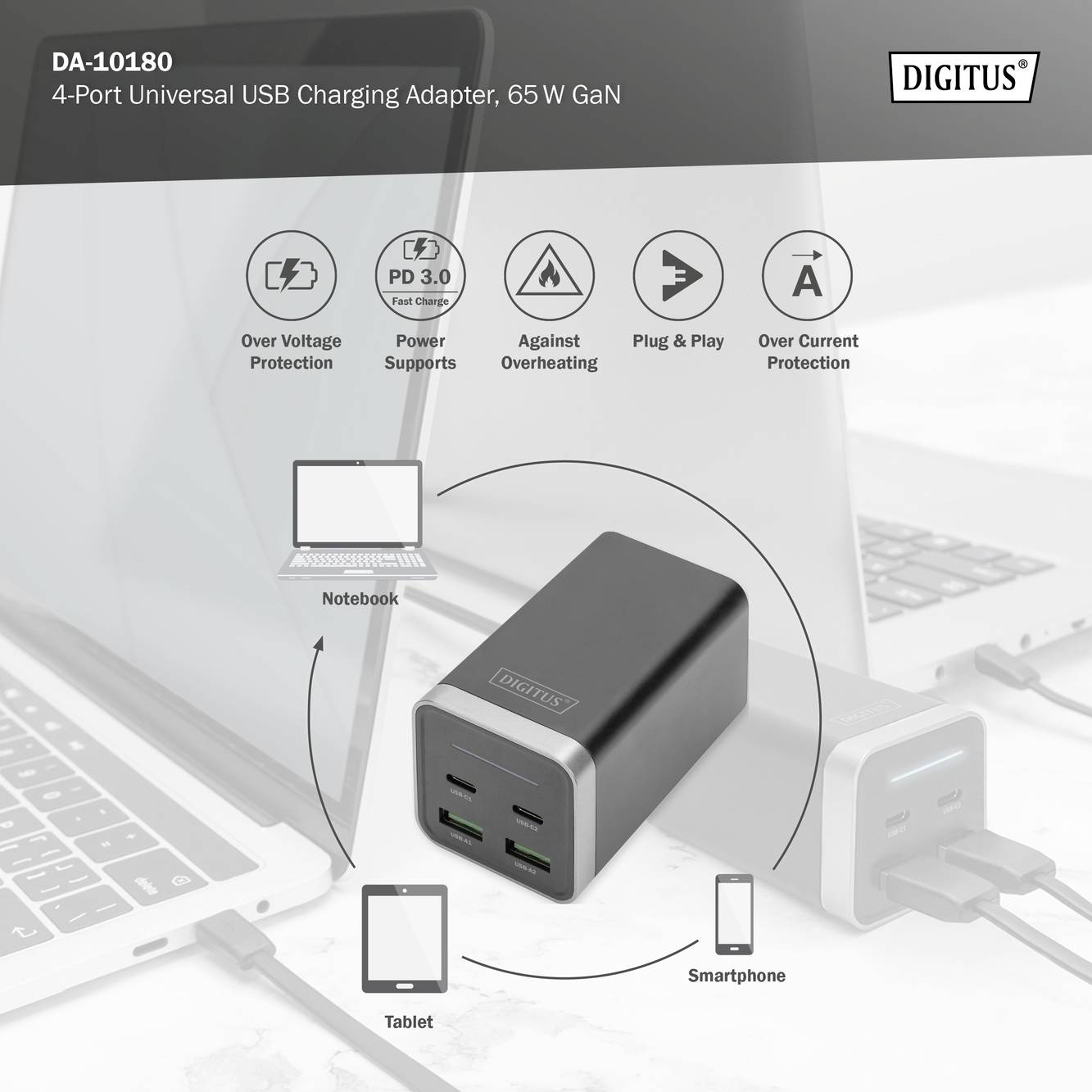 Digitus 4-Port GaN Chargeur USB 65 W intérieure, pour prise murale Courant de sortie (max.) 3000 mA Nbr. de sorties: 4 x USB-A