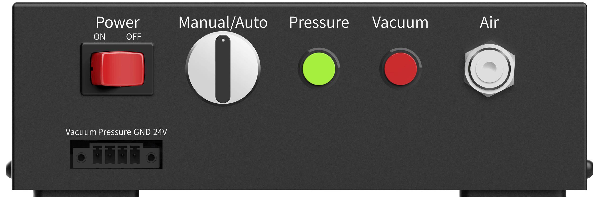 Panneau noir avec trois voyants lumineux et deux commutateurs rotatifs. Voyants : 'Pression' en vert, 'Vide' en rouge, 'Air' en blanc. Commutateurs pour 'Alimentation' et 'Manuel/Automatique'.