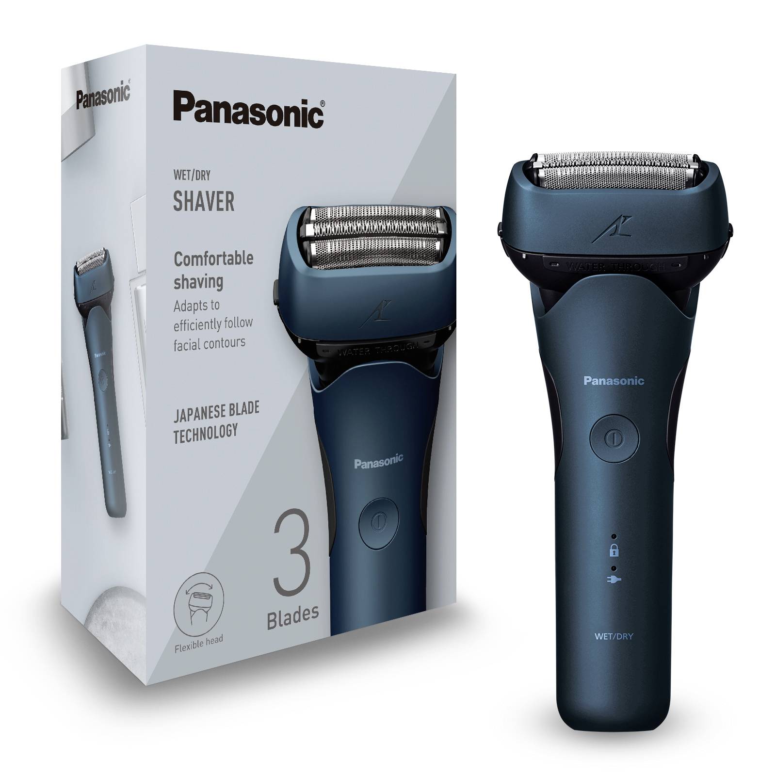 Rasoir électrique Panasonic : Rasage humide et sec, design ergonomique, têtes de coupe flexibles, promu comme confortable avec 3 lames.