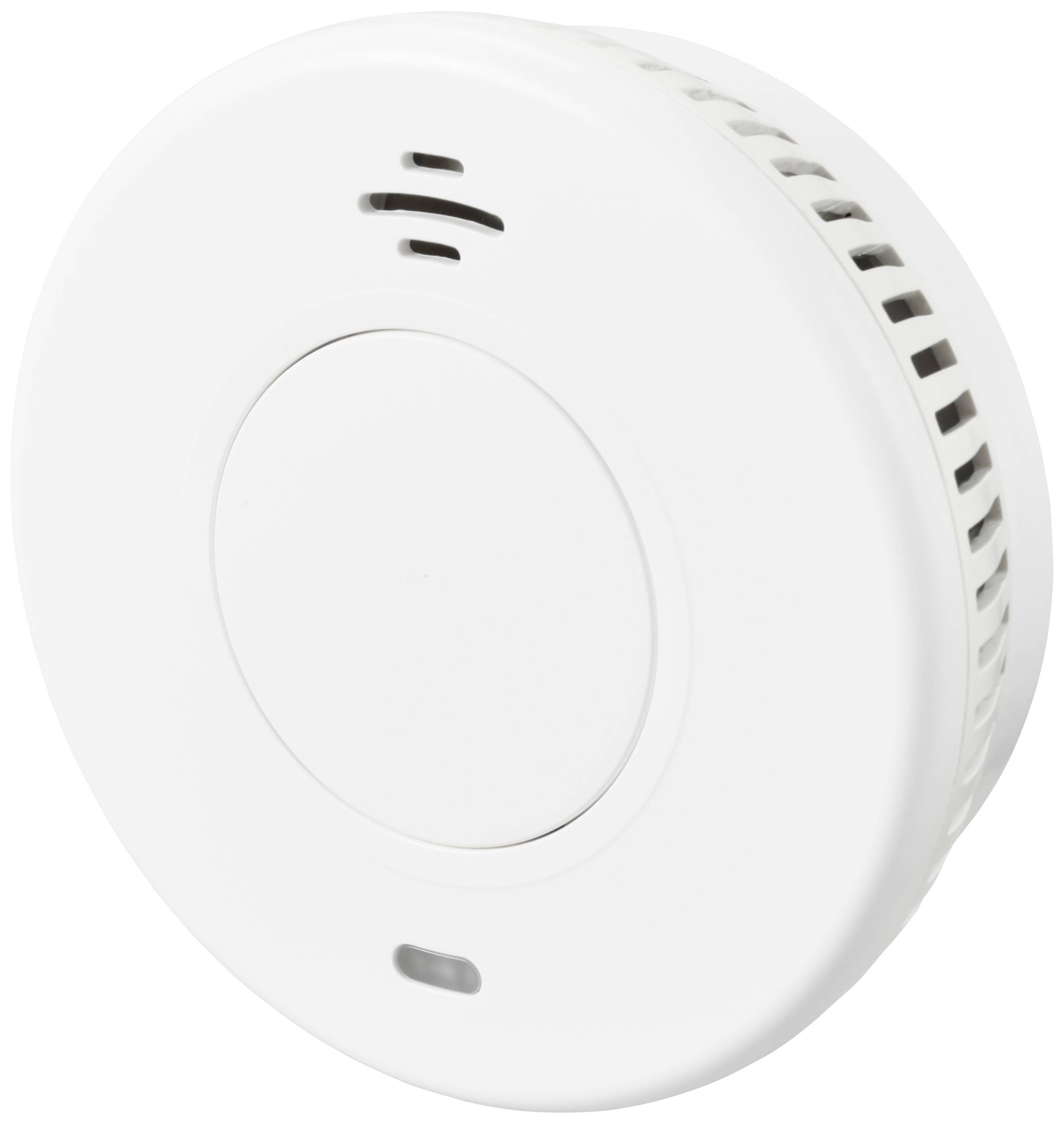 Un détecteur de fumée blanc avec des fentes de ventilation pour détecter la fumée et améliorer la sécurité intérieure.