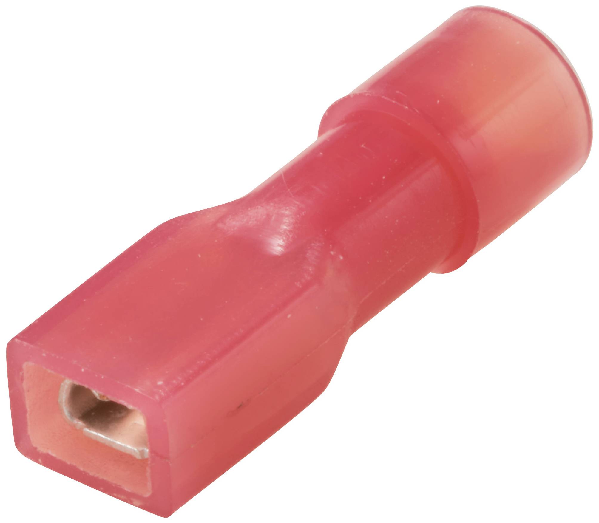 Connecteur de câble isolé rouge, de forme cylindrique, montrant l'ouverture pour la connexion du câble, accessoire électronique typique.