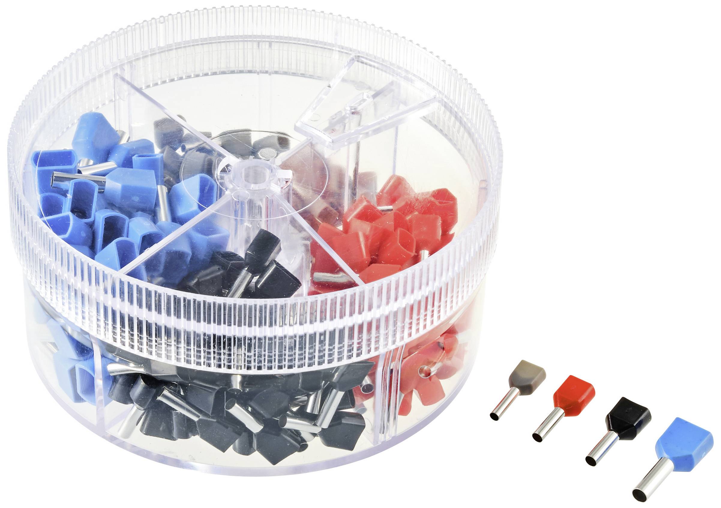 Boîte en plastique ronde avec des bornes de haut-parleur colorées (bleu, rouge, noir, gris). À côté se trouvent quatre bornes individuellement présentées.