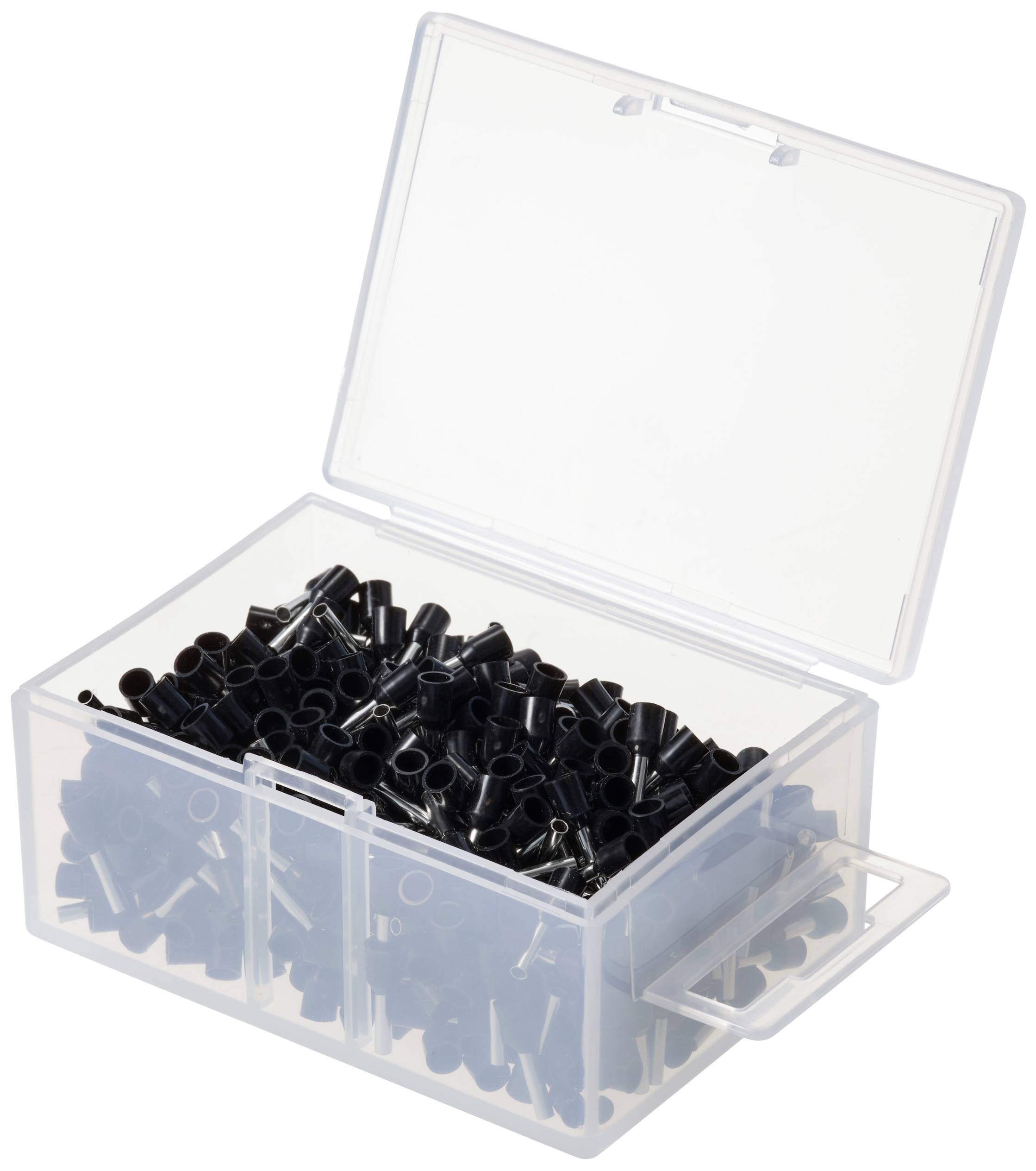 Boîte en plastique transparent avec couvercle ouvert, remplie de nombreuses petites pièces en plastique noir.