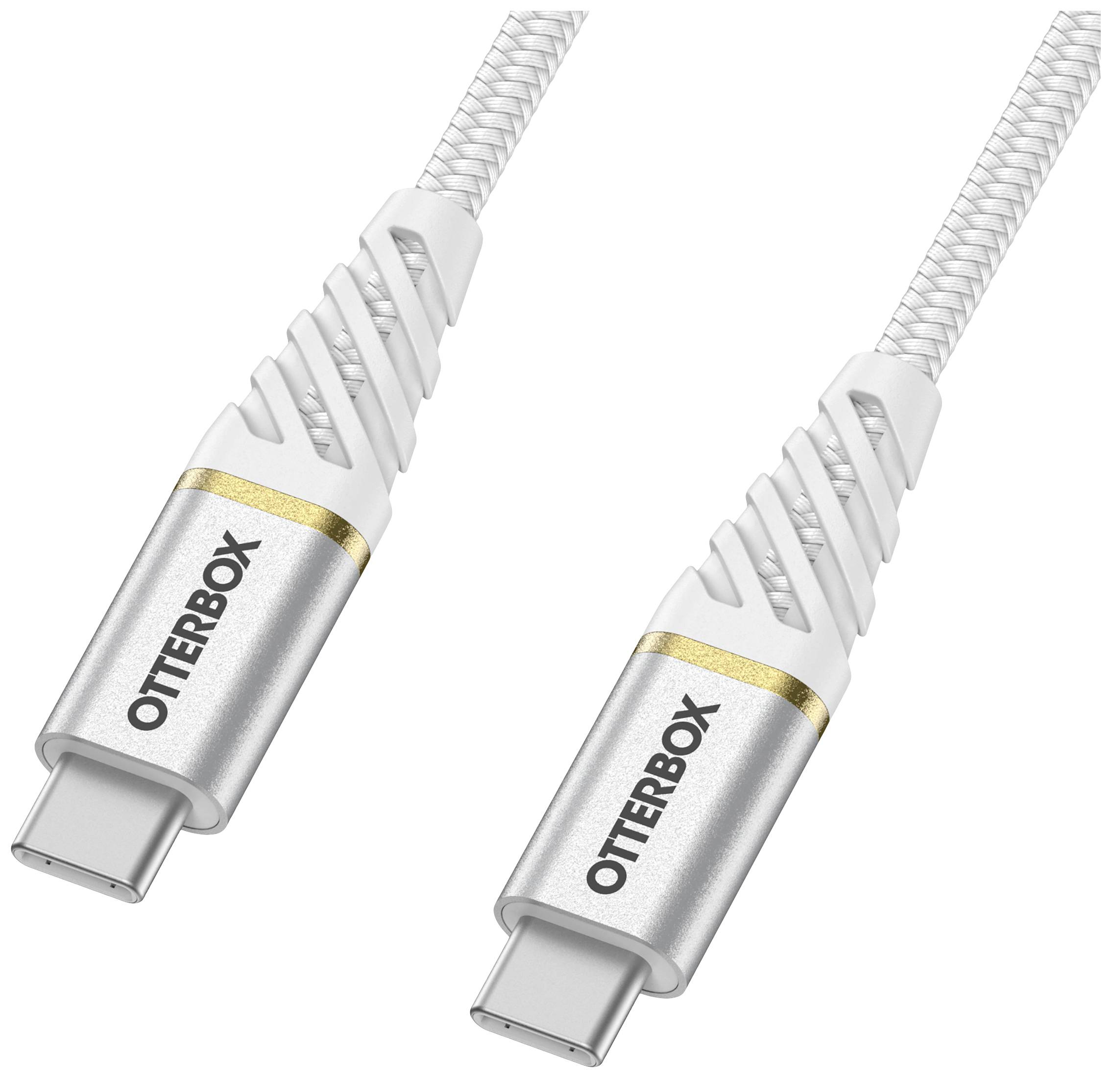 Deux câbles USB-C blancs avec le logo 'OTTERBOX' et des touches dorées, disposés côte à côte. Un look clair et moderne.