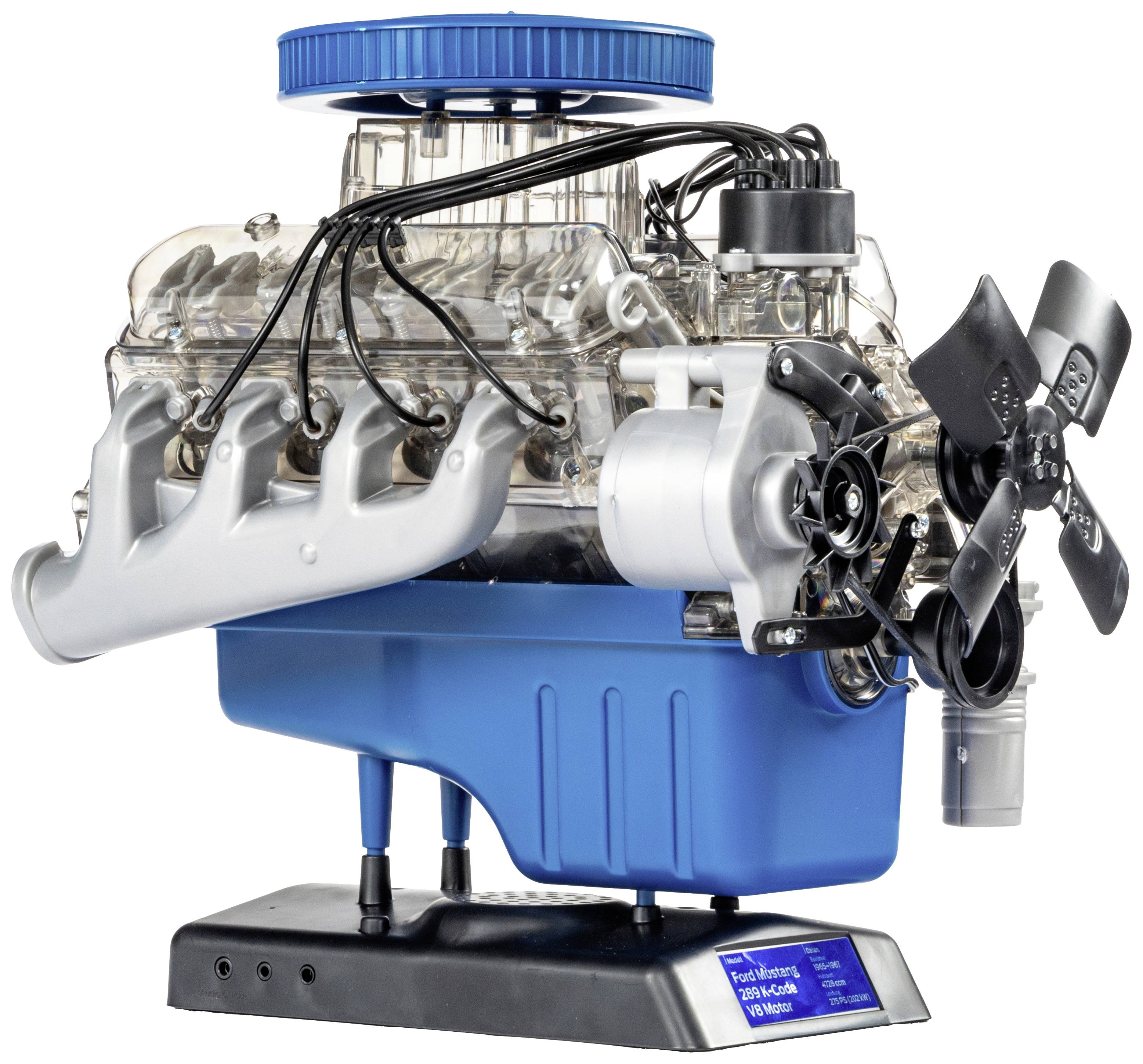 Un moteur modèle bleu avec des parties transparentes montre la mécanique interne. Les ventilateurs, les bougies d'allumage et les câbles sont bien visibles.
