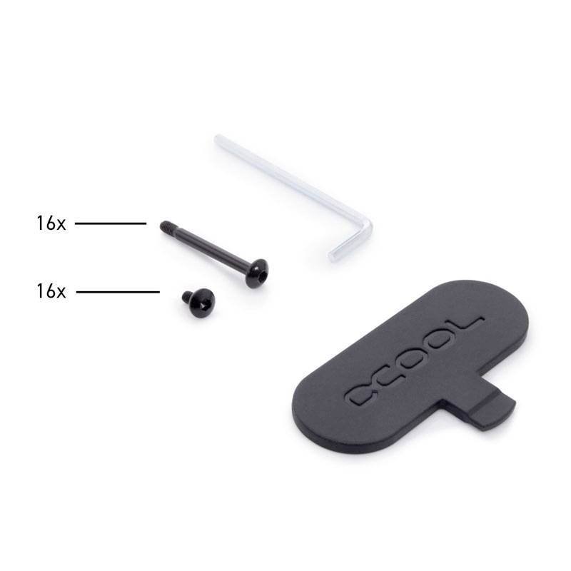 Un ensemble de vis, écrous, clé Allen et couvercle d'Alphacool ; 16 vis et écrous par ensemble, couvercle en plastique noir.