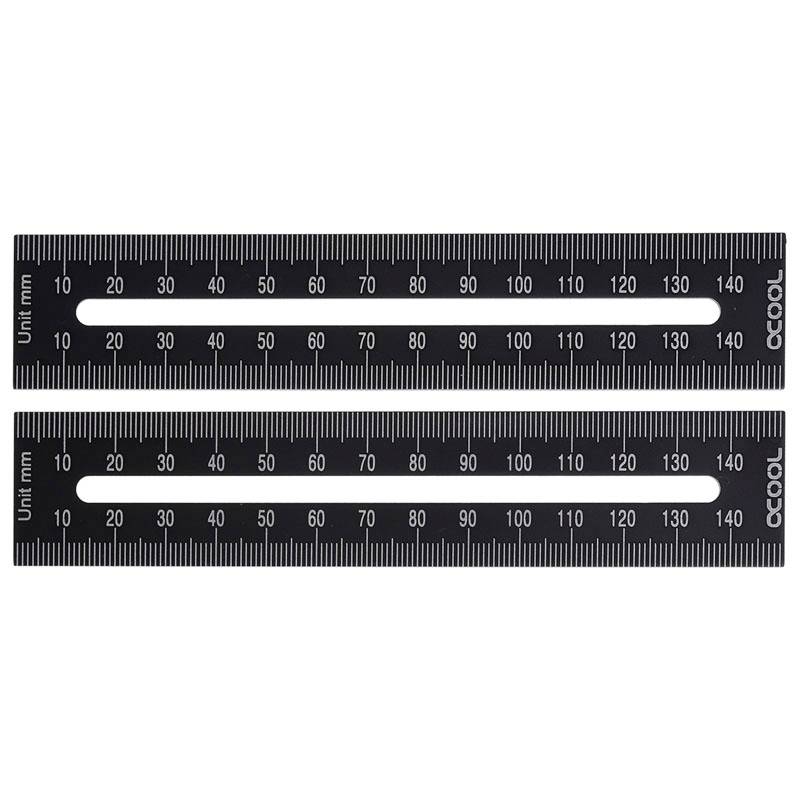 Deux règles noires avec des marquages blancs, chacune graduée de 0 à 150 millimètres. Les deux portant l'inscription « Unit mm » et « ACCOOL ».