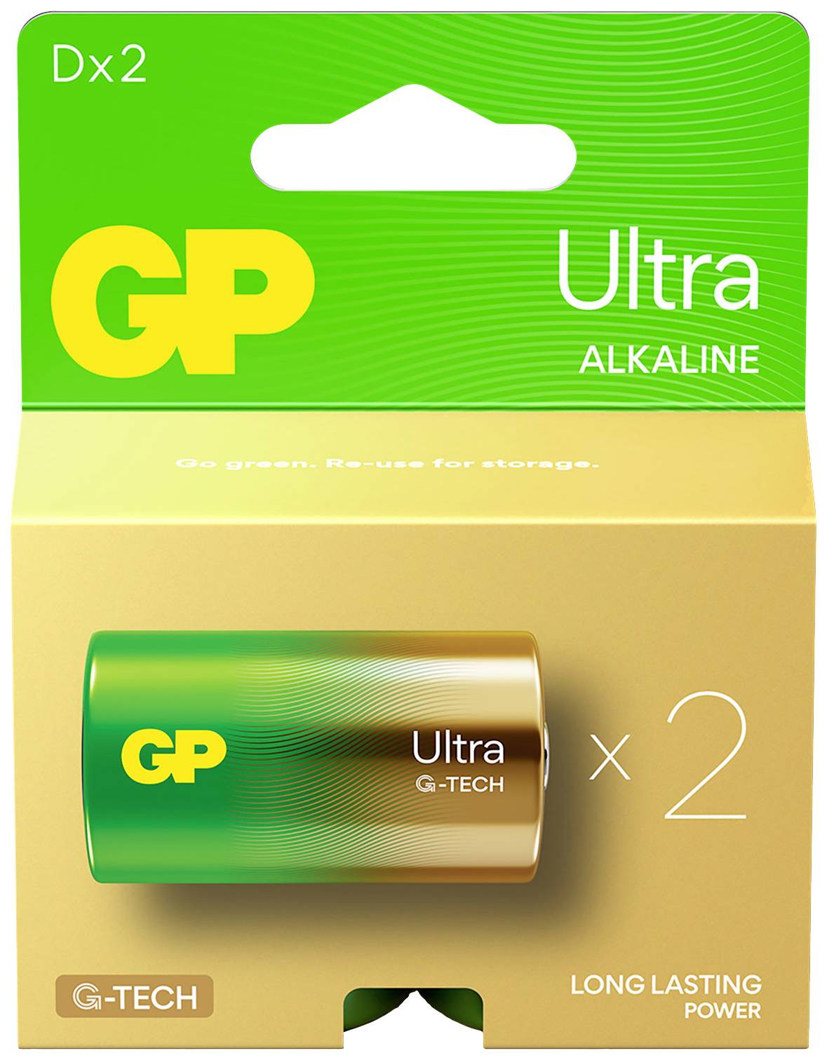 Emballage de 2 piles GP Ultra Alkaline G-TECH, design vert-doré avec illustration de piles et mention « Long lasting power ».