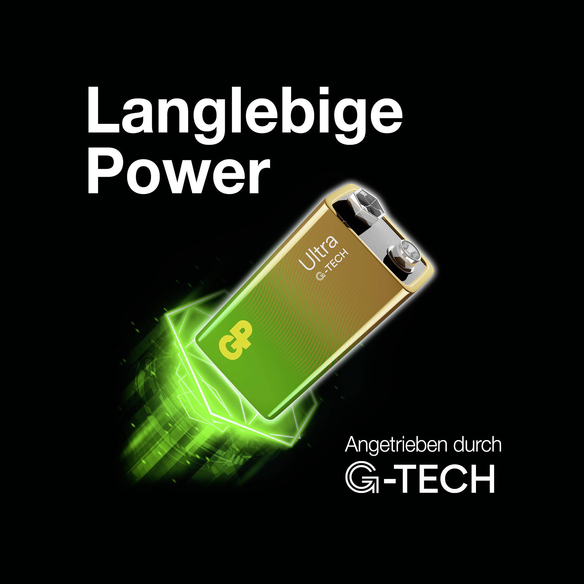 'Énergie de longue durée' : Image d'une batterie GP Ultra G-TECH illuminée par une lumière vert vif, mise en avant pour sa longévité.