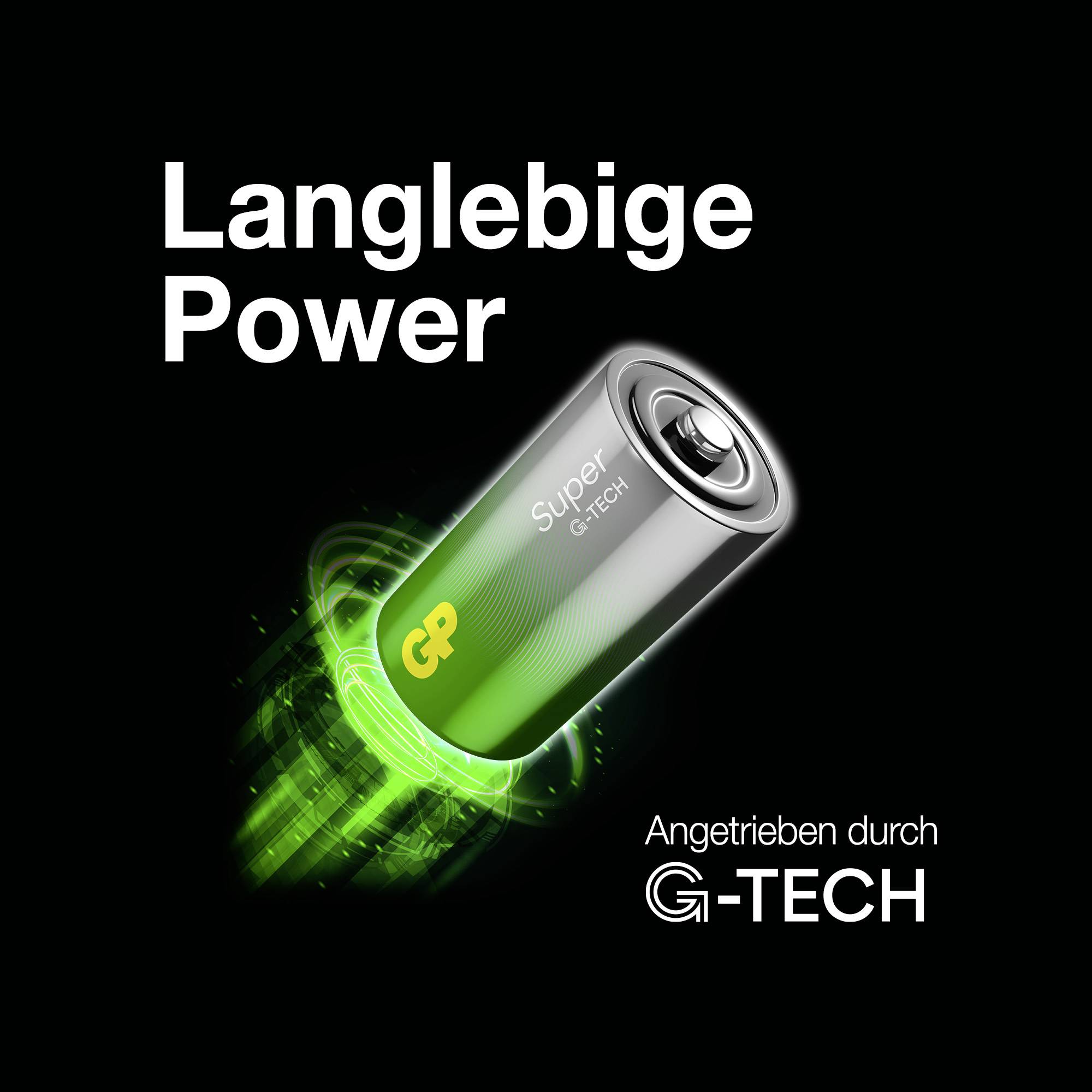Graphique publicitaire avec batterie et texte « Puissance durable » ainsi que « Propulsé par G-TECH » ; un effet énergétique vert luminescent symbolisant une performance puissante.
