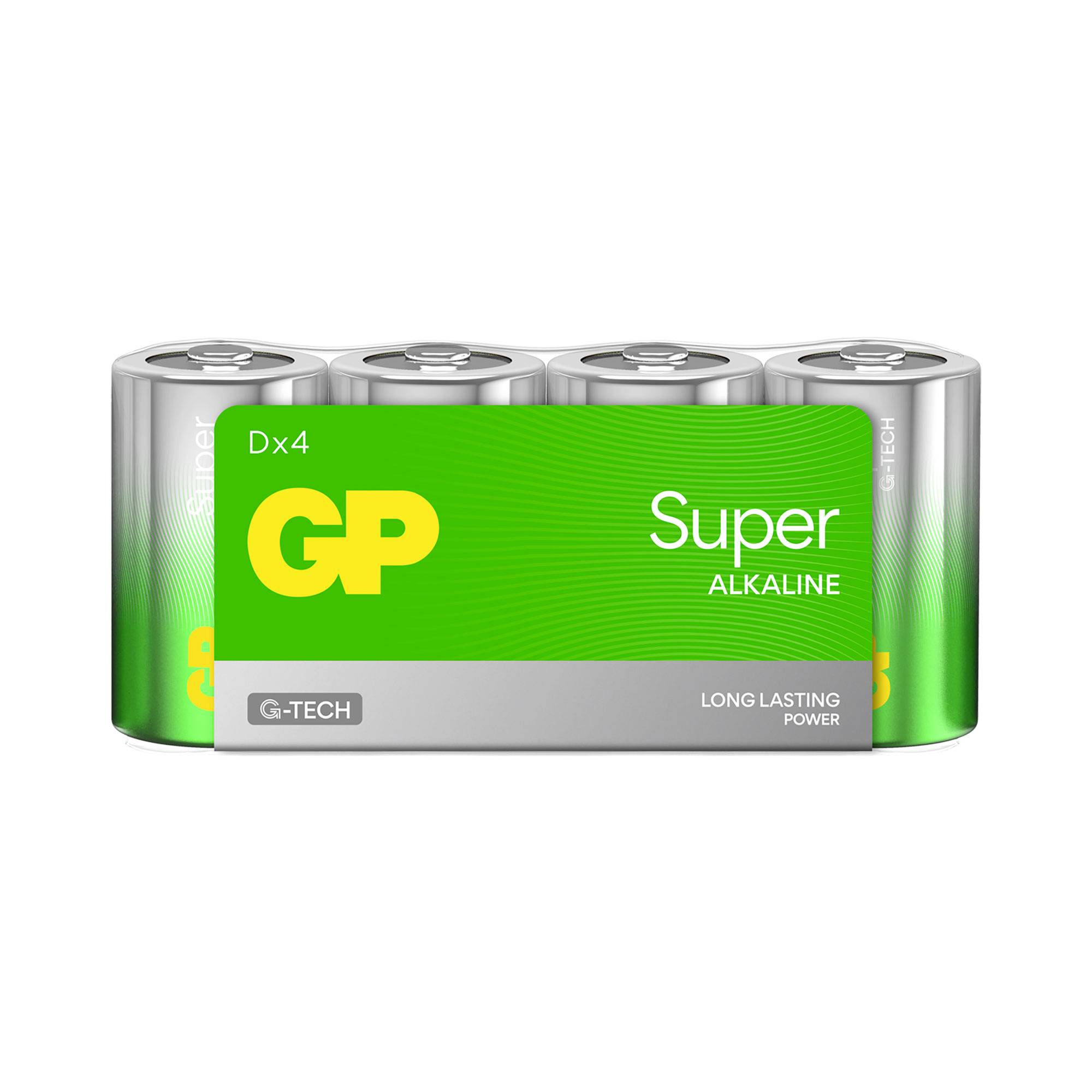 Emballage contenant quatre batteries « GP Super Alkaline », design argent-vert, impression « Dx4 », « LONG LASTING POWER » et « G-TECH ».