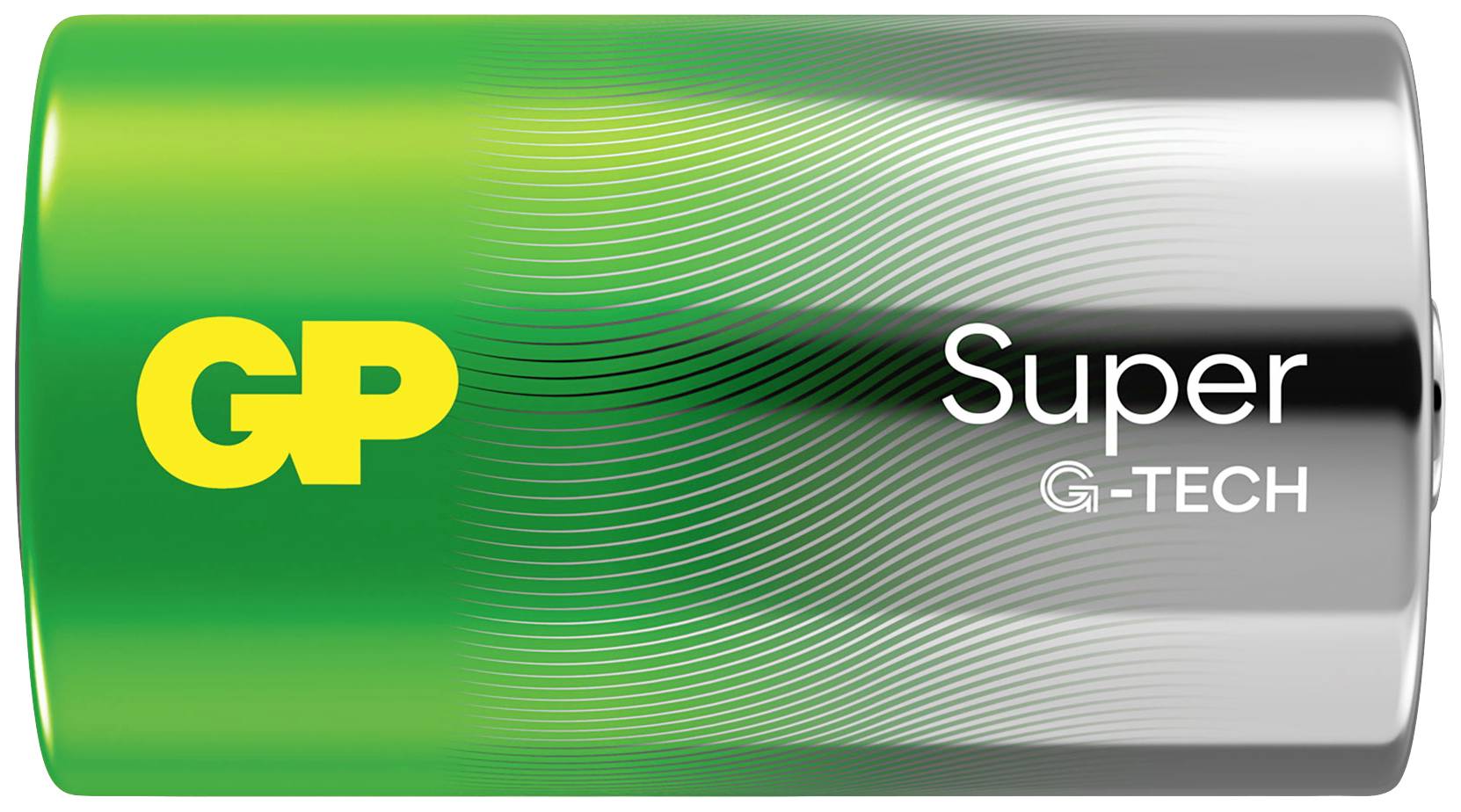 Batterie GP Super G-TECH vert-argenté avec logo de marque et désignation de produit sur la cellule.