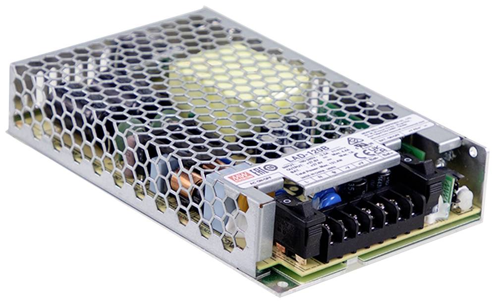 Un bloc d'alimentation ouvert, rectangulaire, avec une grille alvéolée sur le dessus et des bornes de connexion pour le raccordement électrique.