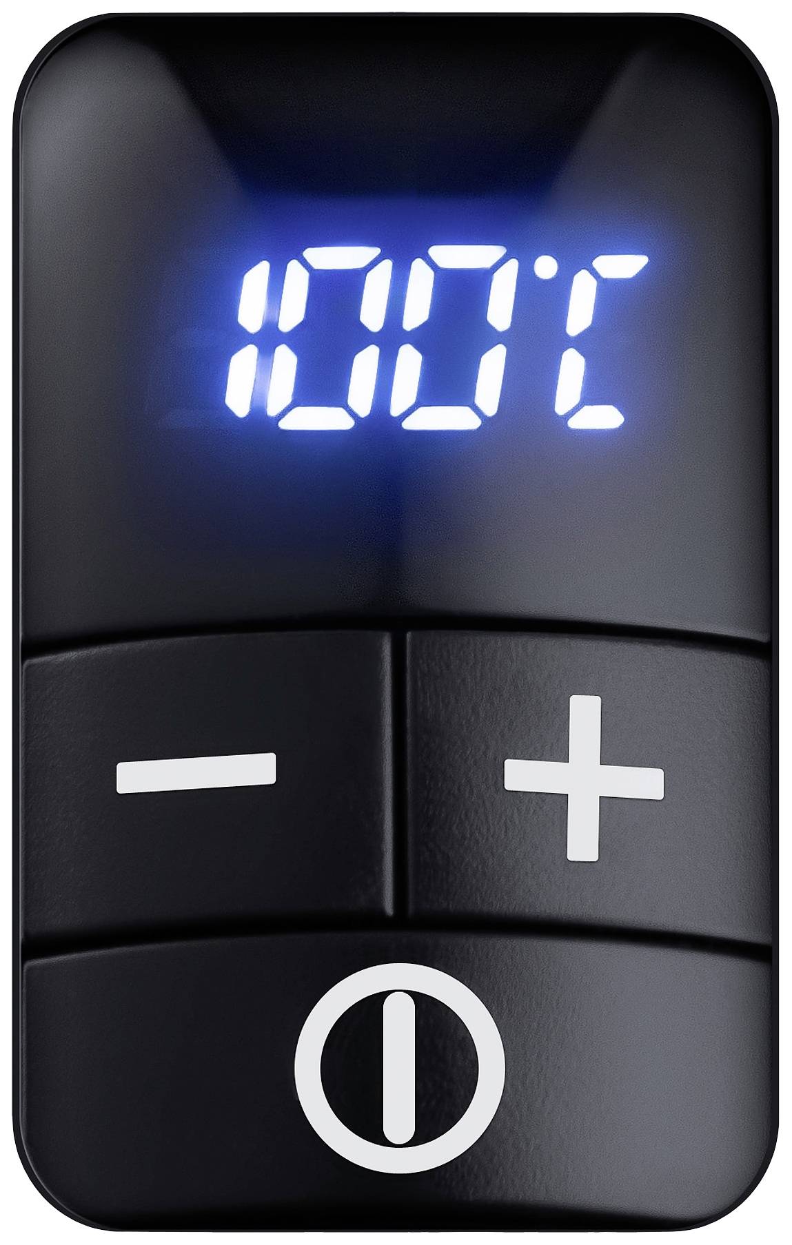 Affichage numérique noir avec des chiffres bleus indiquant '100°C' ; boutons pour augmenter et diminuer la température, avec un interrupteur marche/arrêt en dessous.