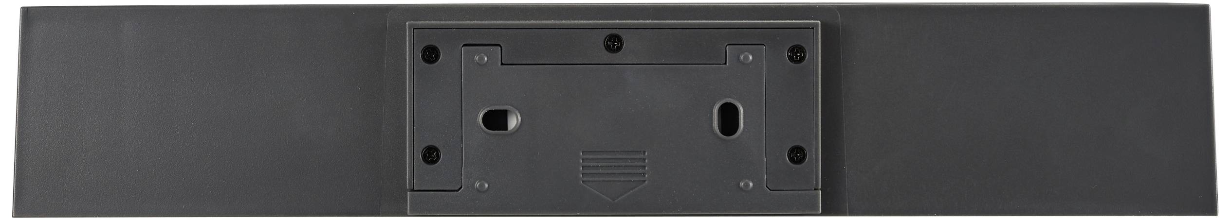 Vue arrière d'un support mural noir pour téléviseur, avec des trous de fixation et des fentes permettant une installation fixe sur un mur ou un meuble.