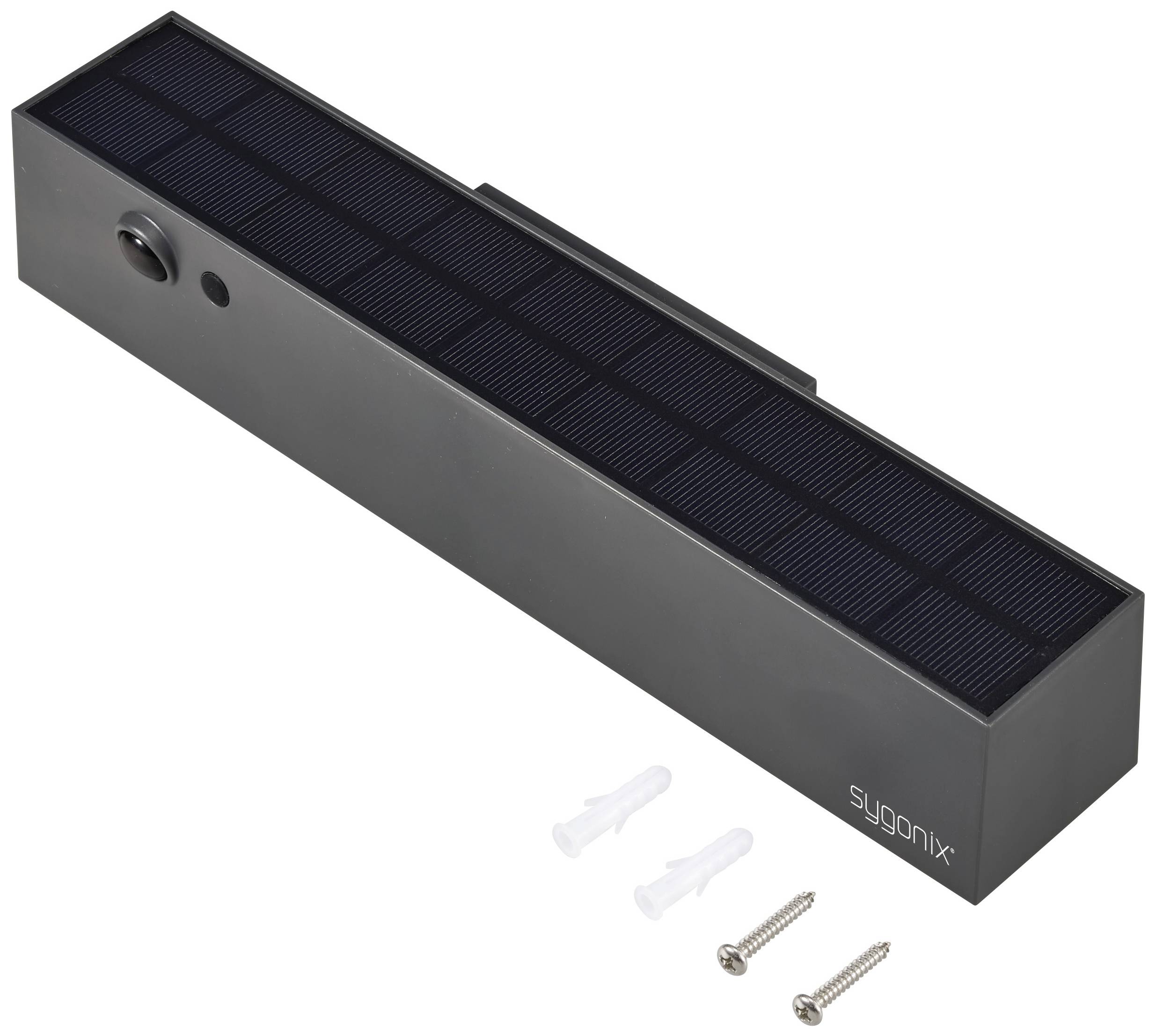 Module solaire noir avec deux vis et chevilles. Nom de marque 'sygonix' visible. Adapté pour la fixation sur des murs.
