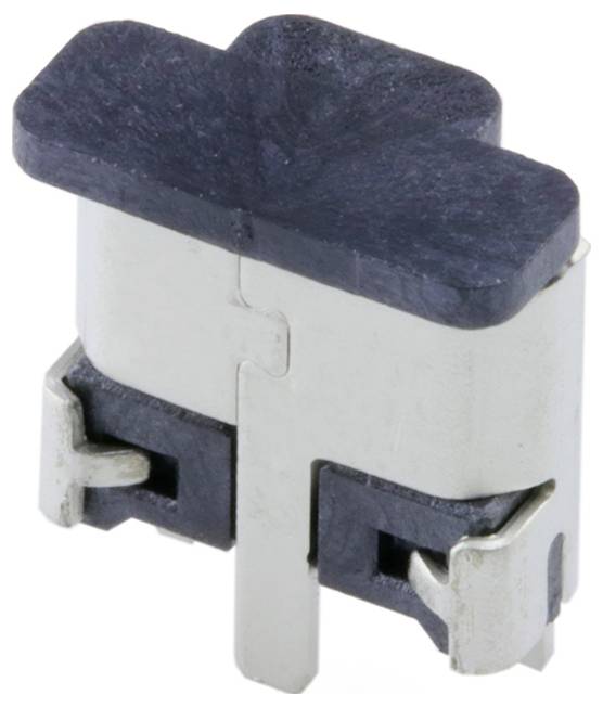 A small, metallic and plastic electronic component with prongs extending from the bottom, likely used in a circuit board.