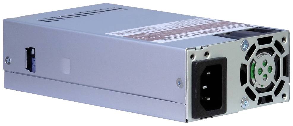 Bloc d'alimentation d'ordinateur argenté avec ventilateur et connecteurs, dotés de fentes d'aération latérales. Adapté à l'alimentation électrique des ordinateurs personnels.