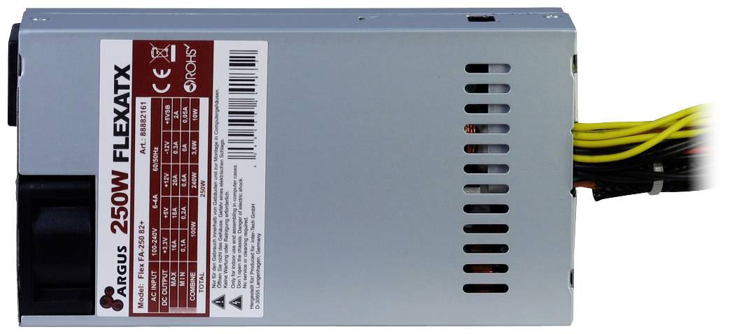 Bloc d'alimentation métallique au format FlexATX avec étiquette 'Argus 250W FLEXATX'. Ventilateur et faisceaux de câbles visibles.