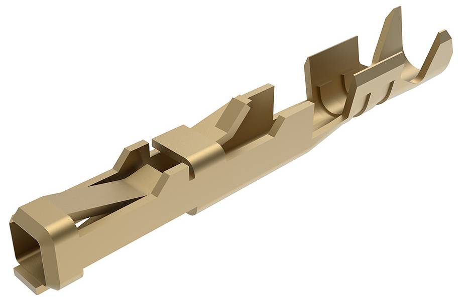 Un composant connecteur métallique de couleur bronze avec des découpes géométriques complexes, utilisé pour fixer des pièces mécaniques ou électroniques.