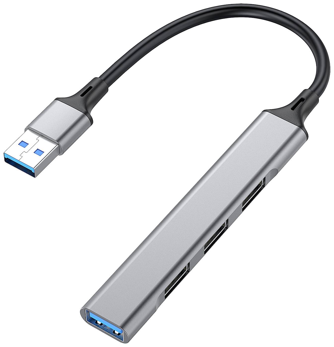 Adaptateur USB à quatre ports avec un câble noir, servant à connecter plusieurs appareils à un ordinateur.
