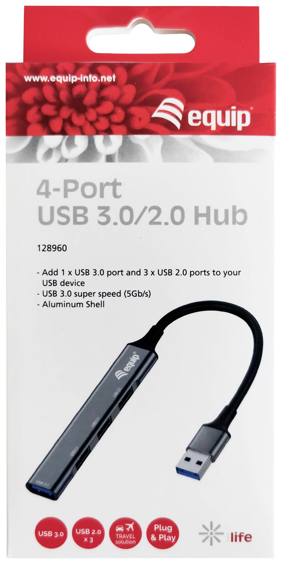 Emballage de Hub USB 3.0/2.0 à 4 Ports avec image du hub USB, icônes rouges pour les connexions et fonctionnalités, logo de marque et URL du site web.