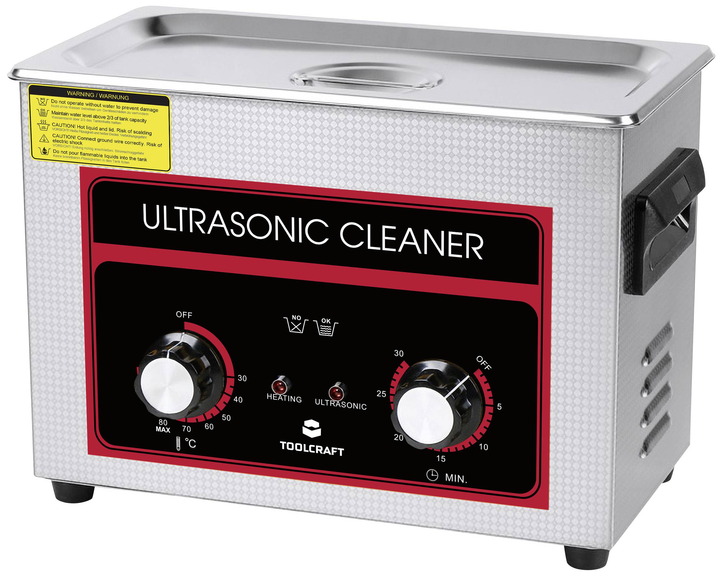 Un nettoyeur à ultrasons avec réglages de température et de temps, adapté au nettoyage d'objets délicats.