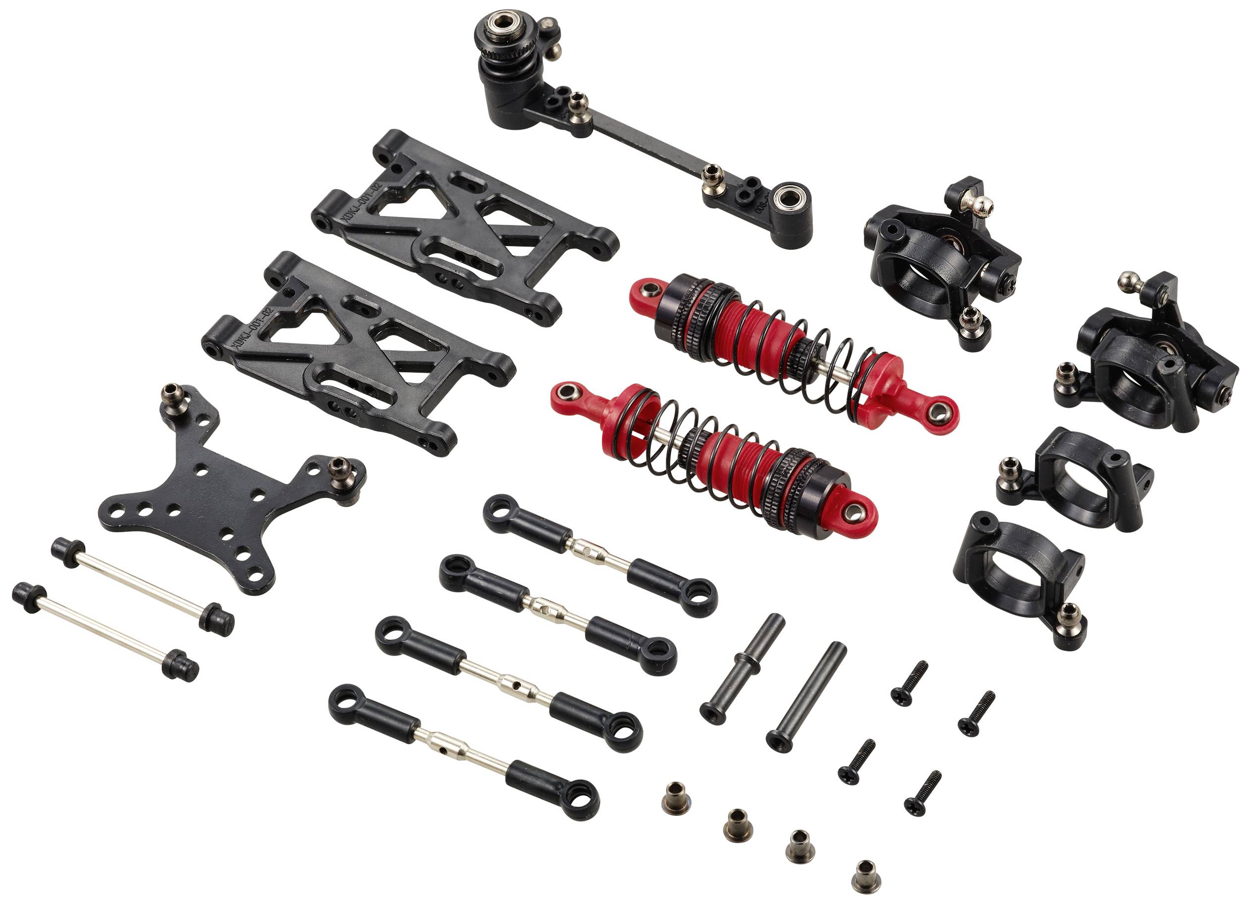 Un ensemble de pièces automobiles noires et rouges pour une suspension, comprenant des amortisseurs, des bras de suspension et des éléments de connexion.