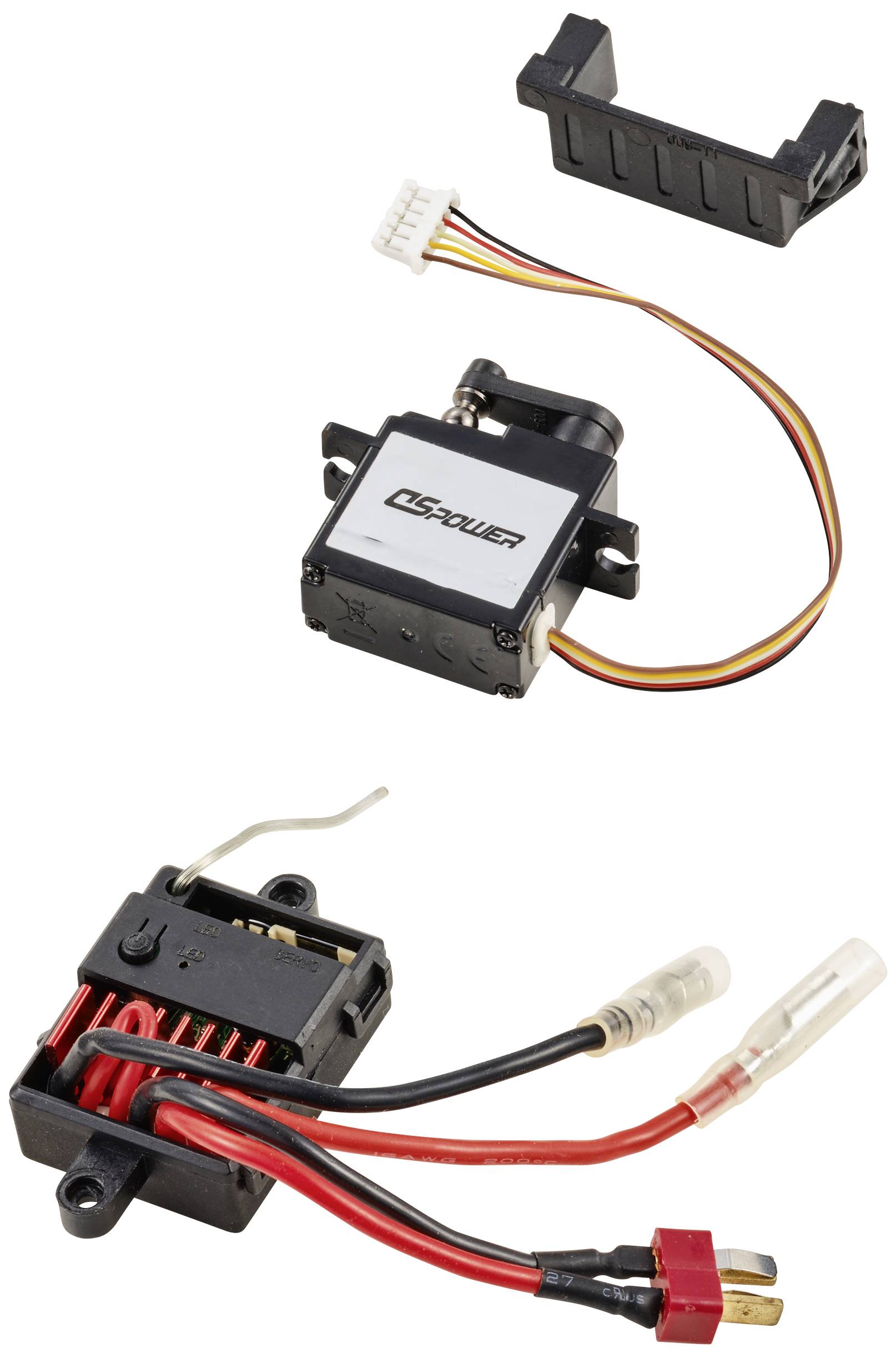 L'image montre deux composants électroniques : un servomoteur et un régulateur de vitesse électronique avec des connexions de câbles.