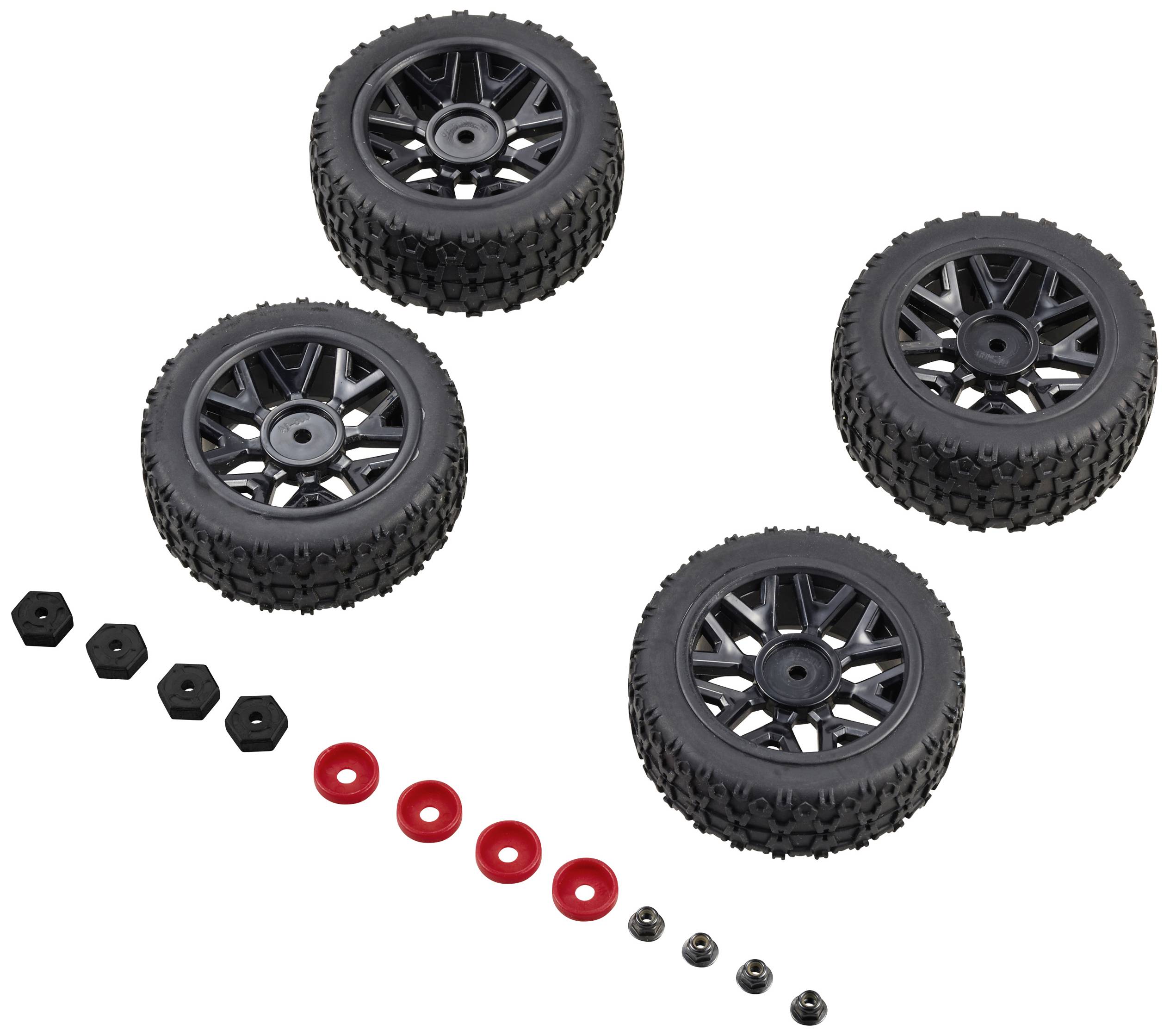 Quatre pneus noirs de modèle automobile avec un profil grossier, chacun monté sur une jante. À côté, huit composants de vis en noir et rouge.