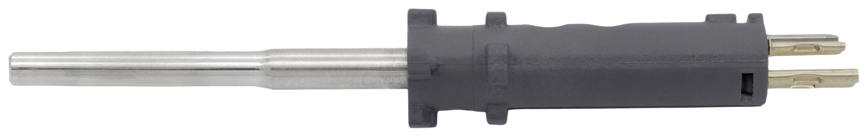 Une fiche cylindrique grise à trois broches, convenant pour le raccordement d'appareils électriques.