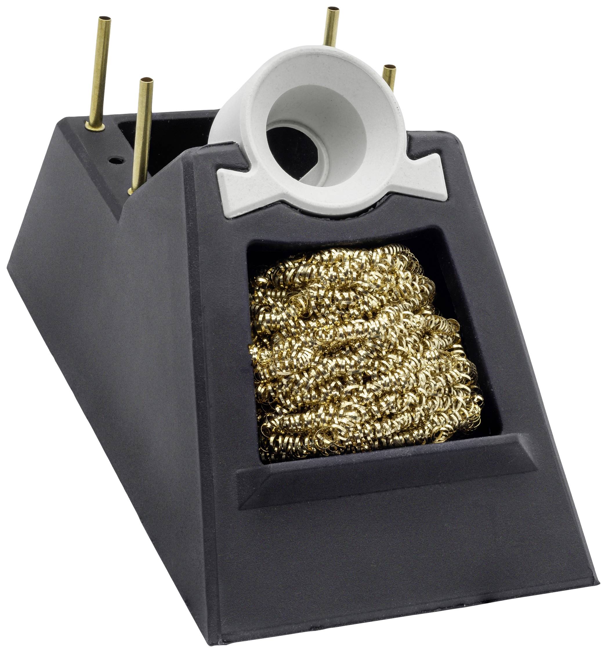 Support de fer à souder en plastique noir avec une spirale de nettoyage dorée et une construction blanche pour stabiliser le fer à souder.