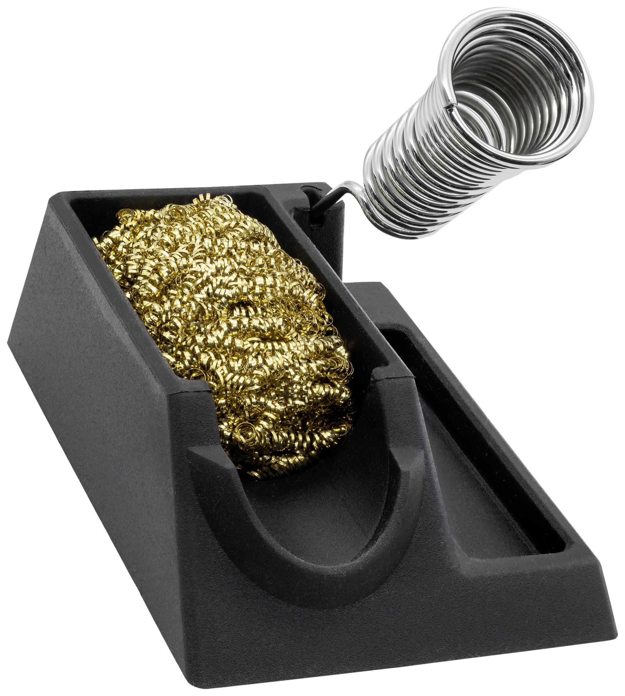 Un accessoire de station de soudage comprenant une base noire avec une éponge de nettoyage dorée intégrée et un support de bobine métallique.