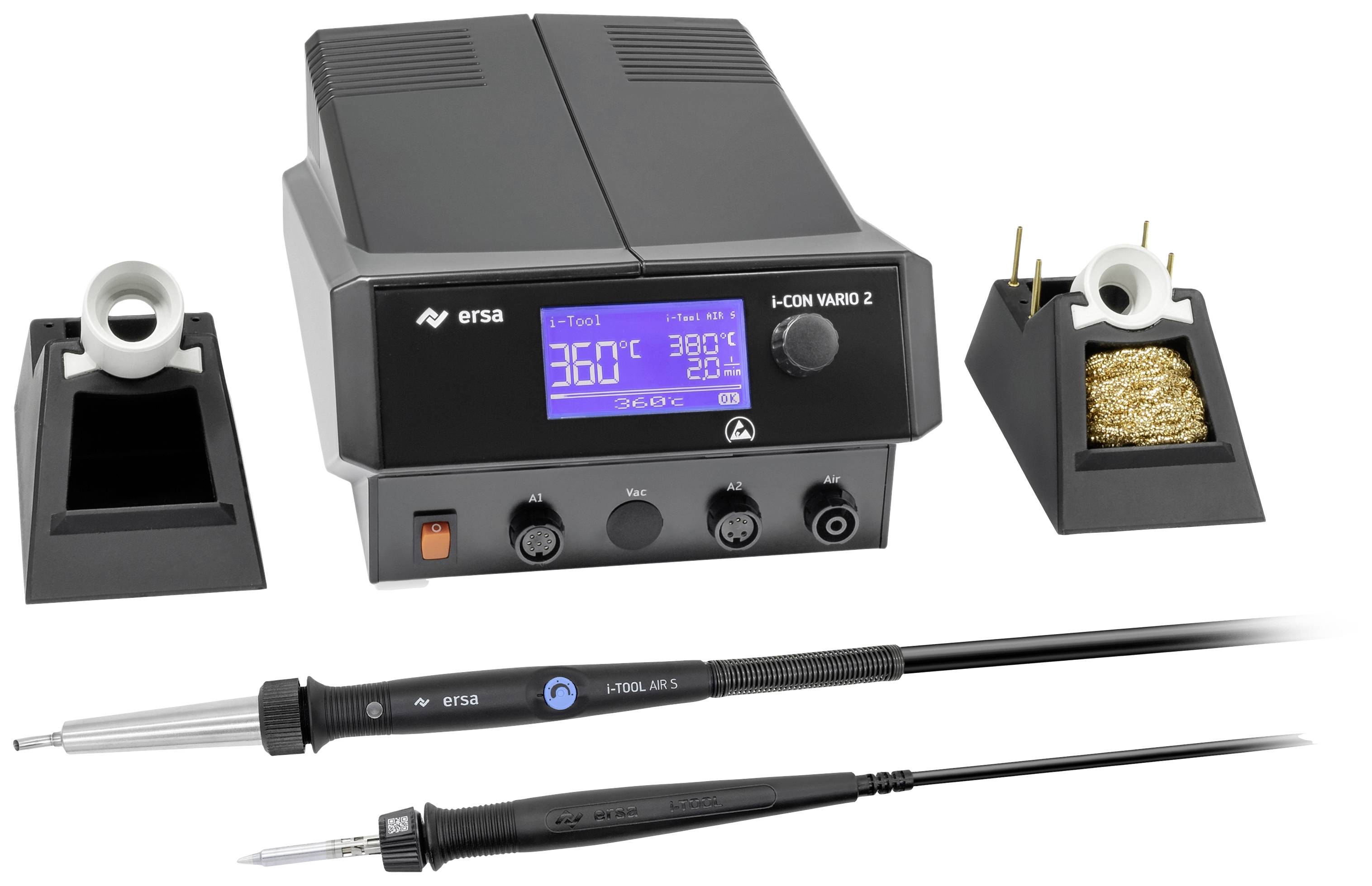 Un ensemble de station de soudage avec écran numérique affichant 360 degrés. Comprend deux fers à souder et des éponges de nettoyage. Adapté aux travaux électroniques.