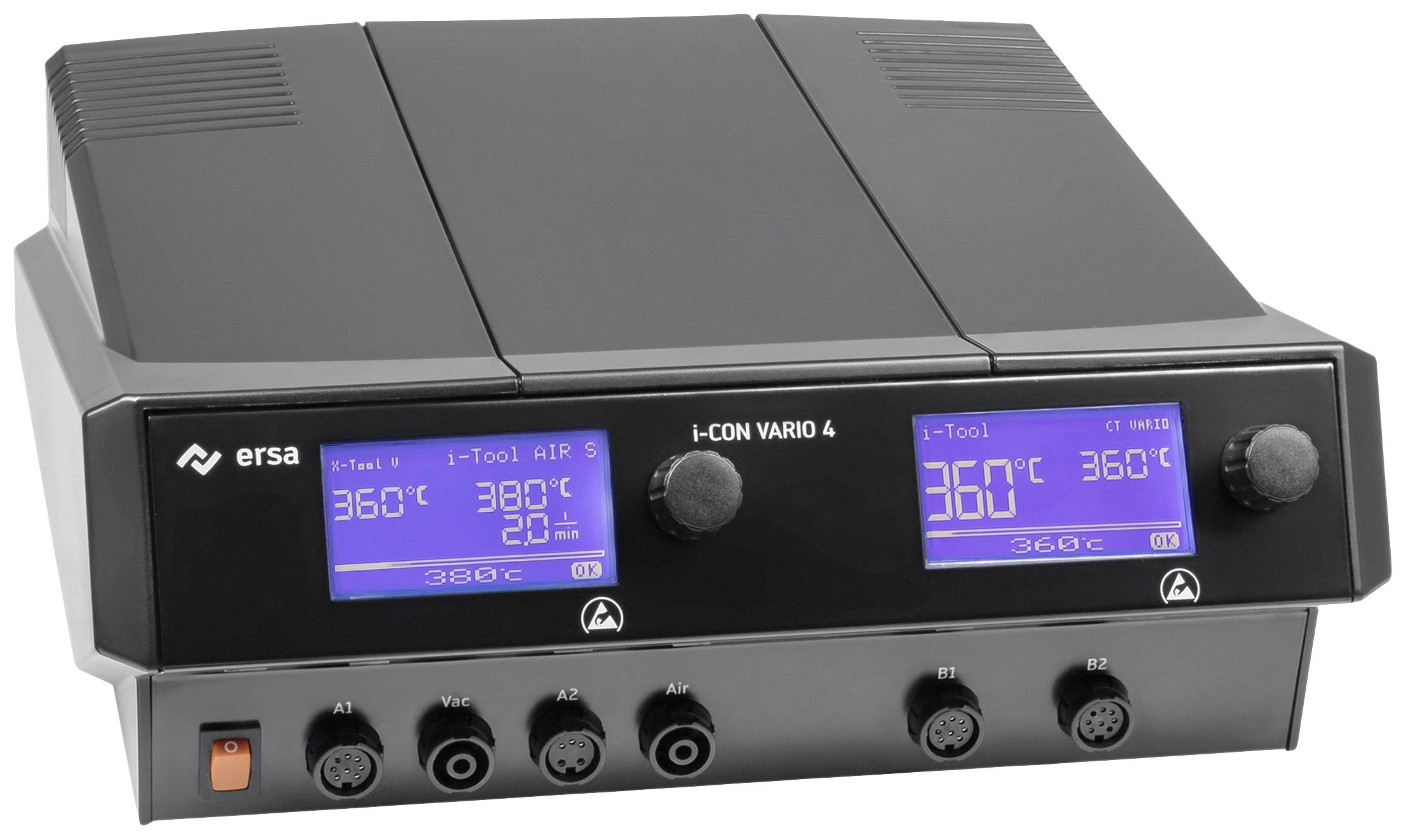 Station de soudage 'ERSA i-CON VARIO 4' : Station de fer à souder avec deux écrans numériques affichant des températures jusqu'à 360°C. Principalement destinée aux travaux de soudure.