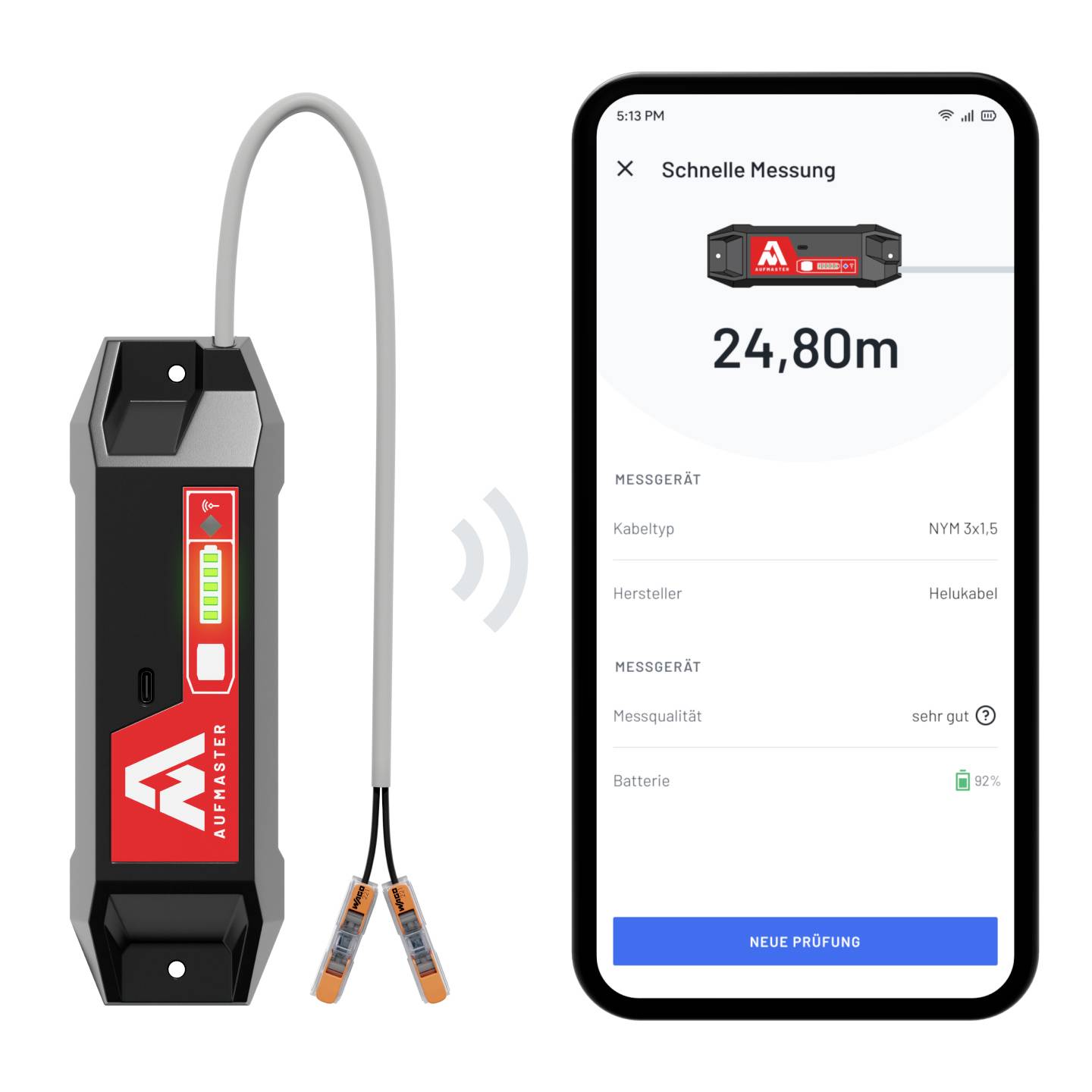 Testeur de longueur de câble et écran de smartphone indiquent une mesure de 24,80 mètres. Affichage : Type de câble NYM 3x1,5, Fabricant Helukabel, Batterie 92 %.