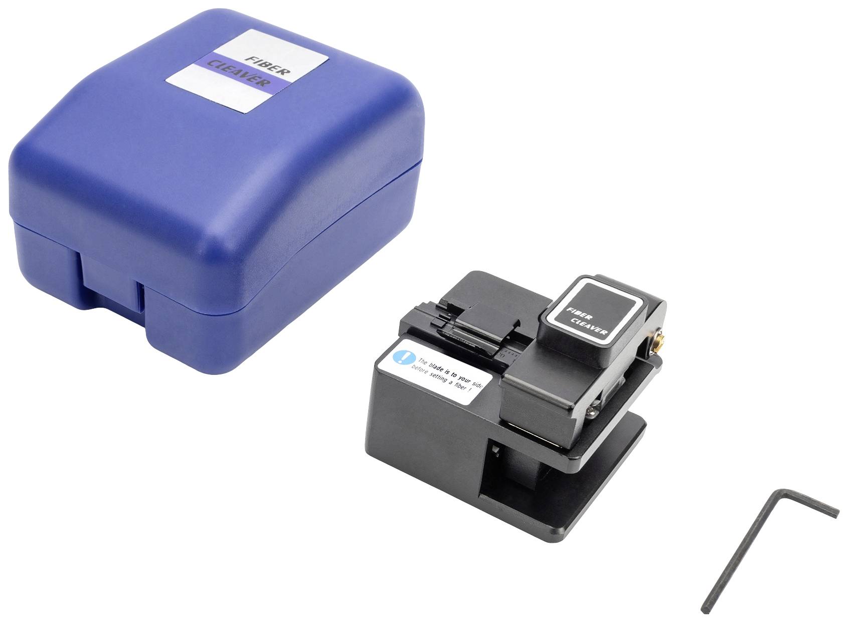 Appareil d'épissure de fibres optiques avec boîte de rangement bleue et clé Allen, utilisé pour la coupe précise des fibres de verre optiques.