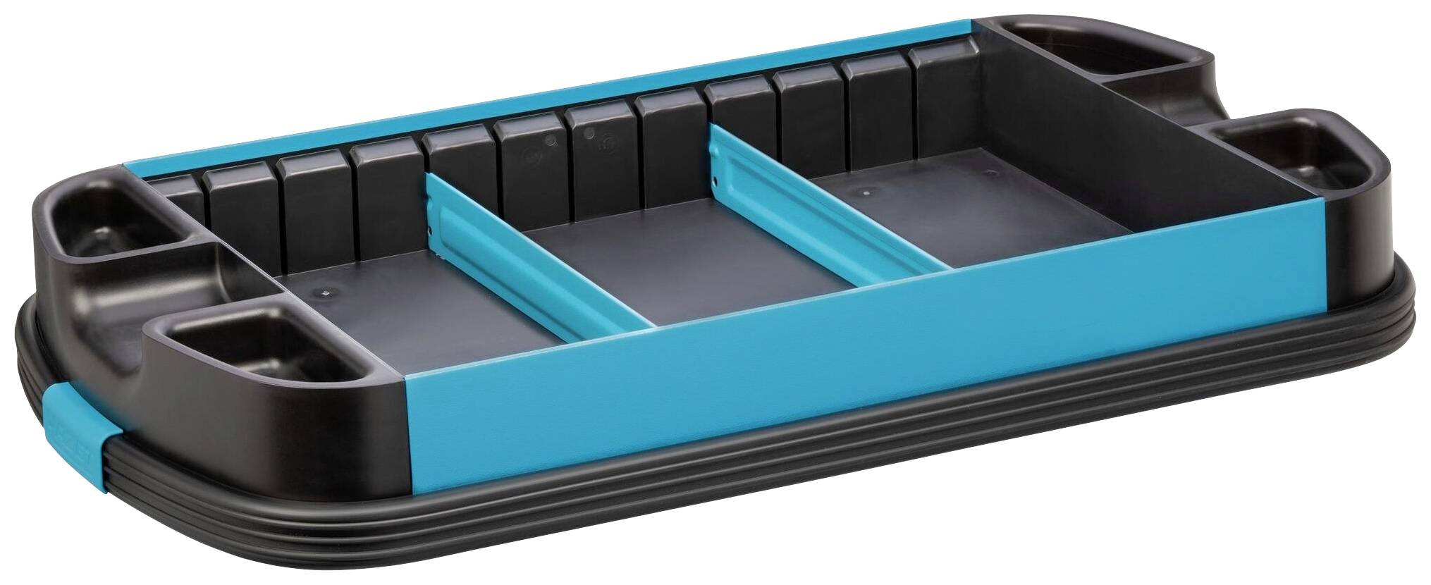 Un plateau rectangulaire aux bords noirs avec deux cloisons bleues. Adapté pour organiser de petits objets.