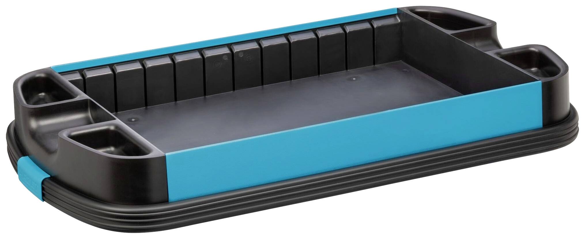 Un plateau rectangulaire bleu-noir avec poignées latérales et compartiments, adapté au rangement ou au transport d'objets.