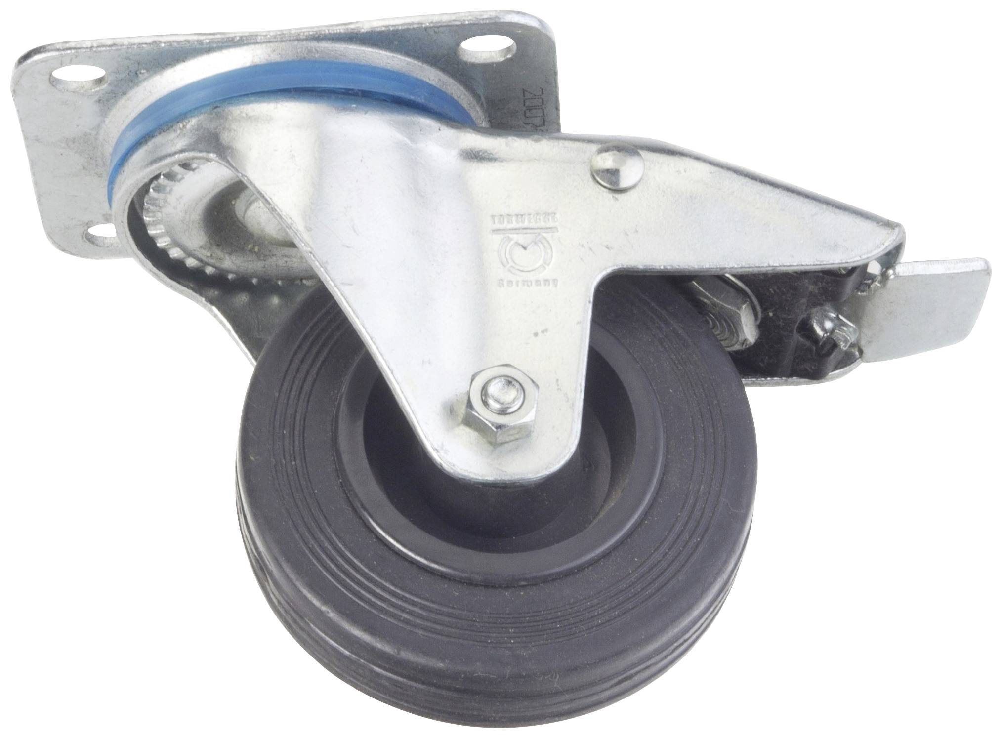 Roue industrielle avec pneu noir en caoutchouc et support métallique, adaptée aux charges lourdes.