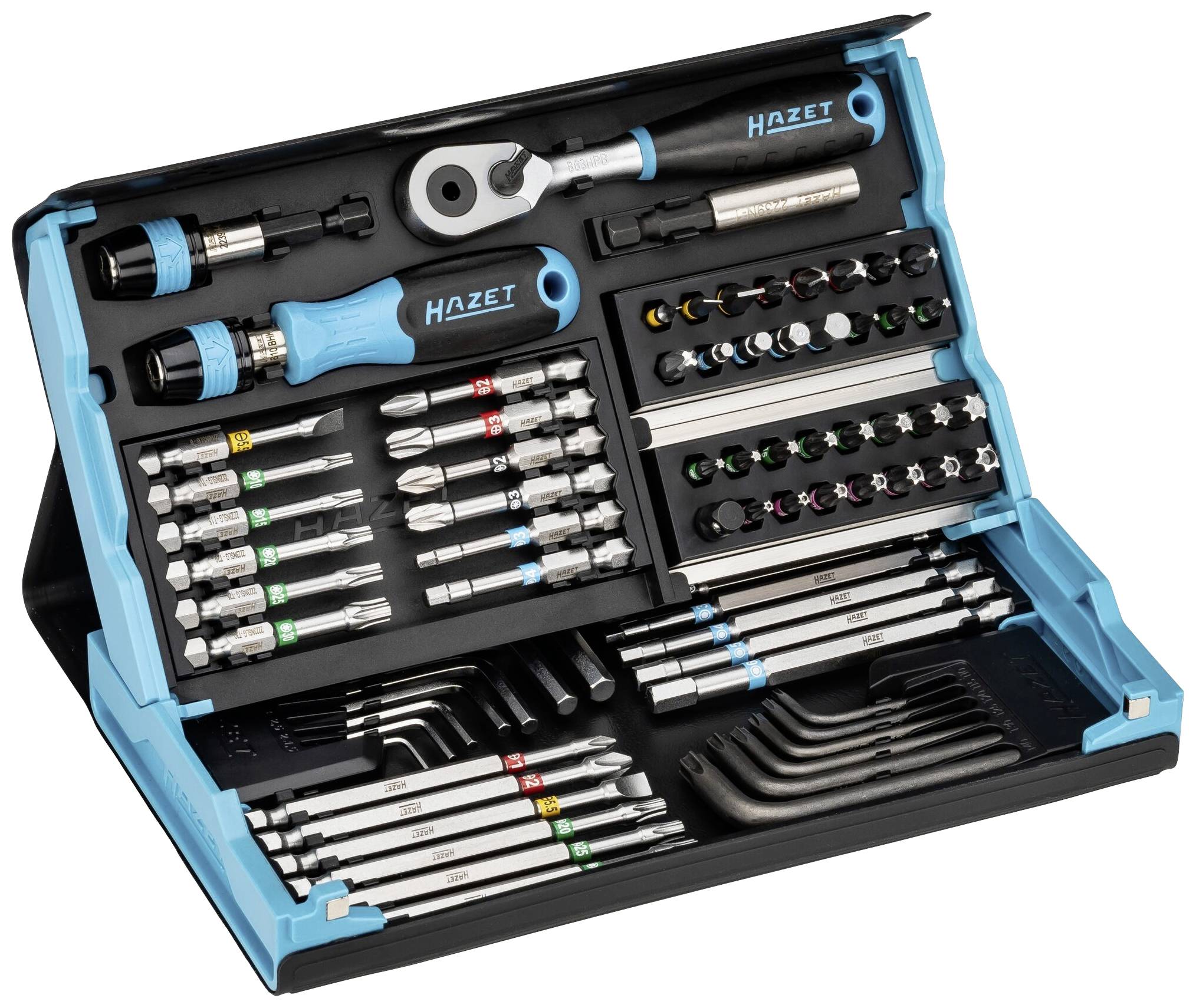 'Ensemble d'outils avec clé à cliquet, embouts, douilles et clés Allen dans un coffret ouvert. Nom de marque Hazet visible sur les pièces d'outillage.'