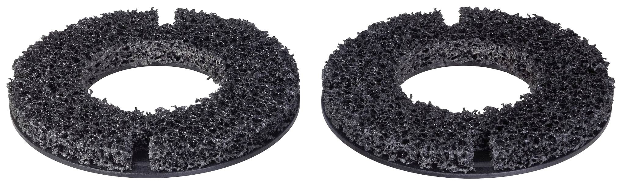 Deux éponges à récurer noires de forme circulaire.