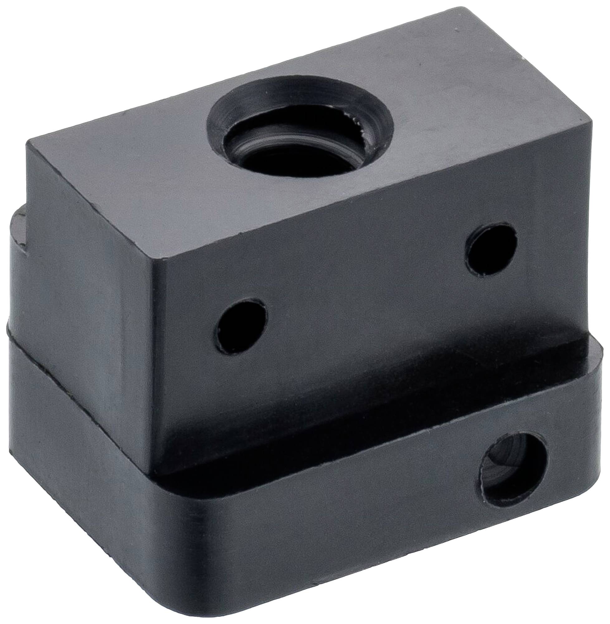 Un bloc métallique noir rectangulaire avec trois trous sur différents côtés.