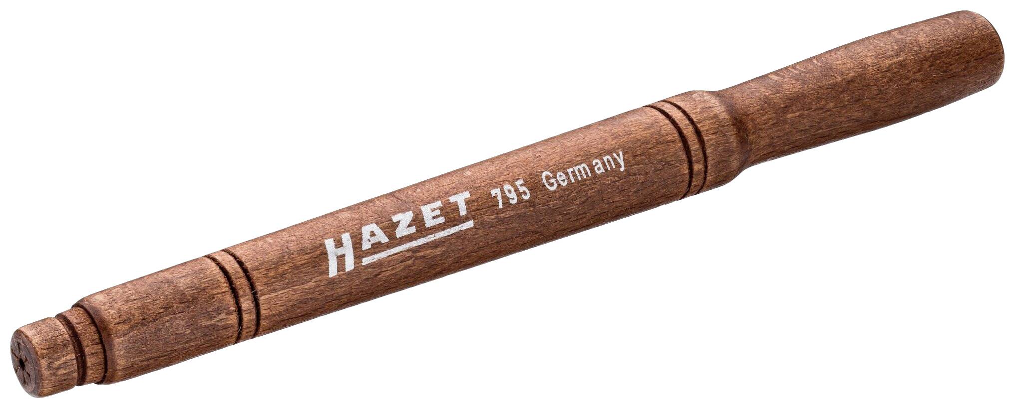 Une poignée d'outil en bois portant l'inscription 'HAZET 795 Germany', de forme cylindrique, adaptée aux travaux manuels.